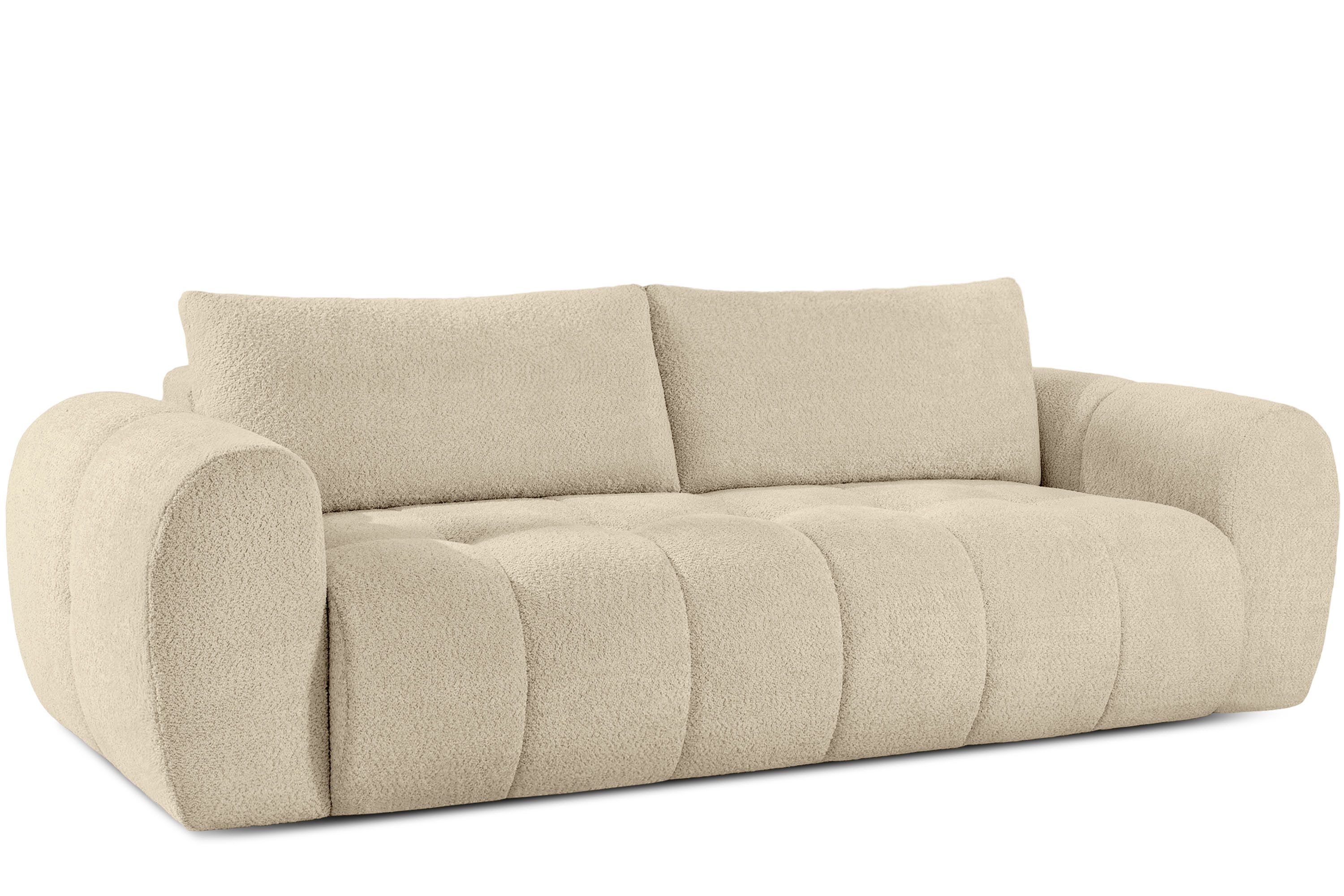 KONSIMO® 3-Sitzer Sofa LIRA, Schlafsofa, Einzelsofa, Premiumqualität aus EU, Modern, zwei Kissen, elastischer Sitz, Bouclé-Stoff, Mega große Liegefläche, mit Schlaffunktion, Bettkasten