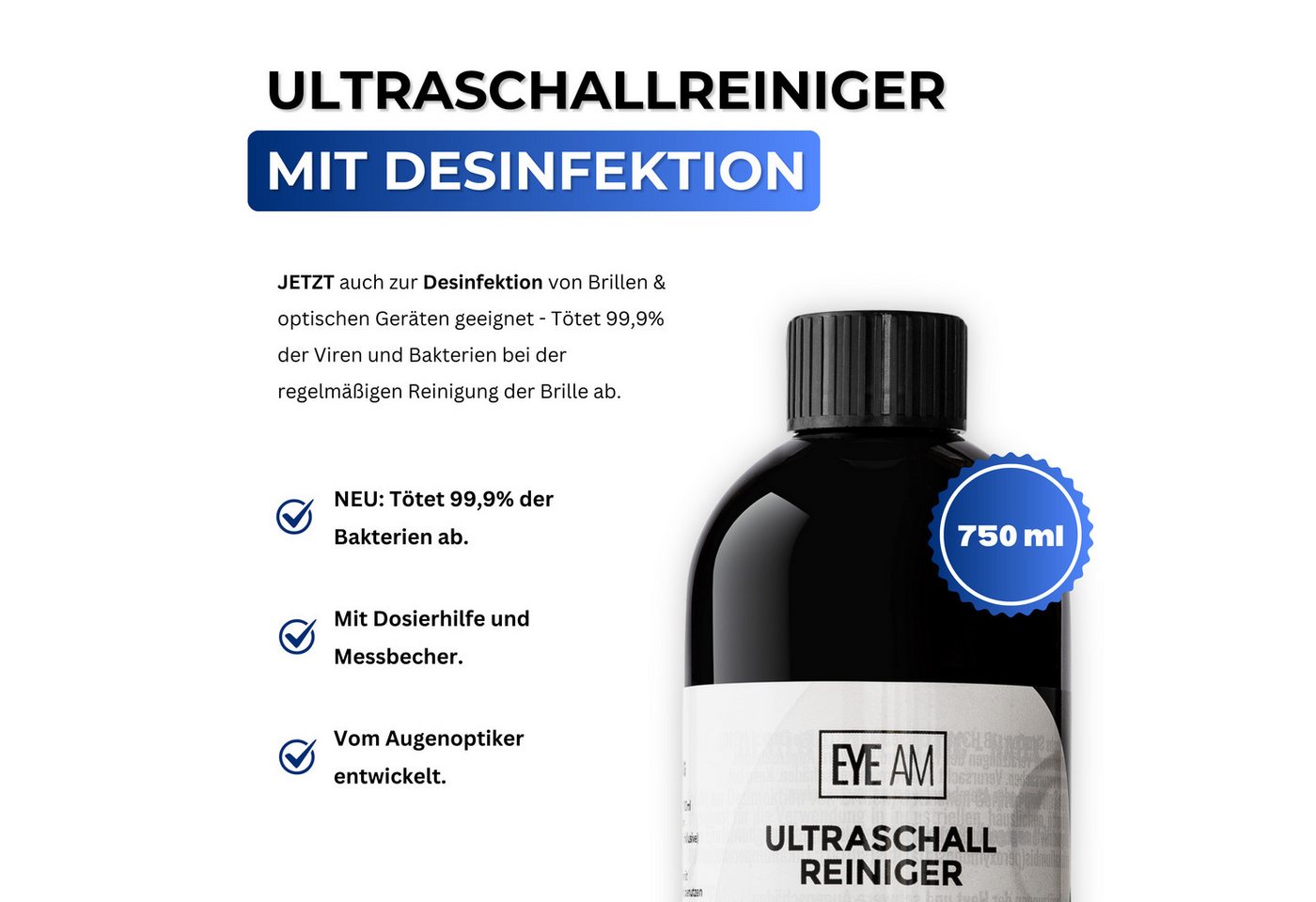 Thumbnail - EyeAm Ultraschallreiniger NEUHEIT: Konzentrat MIT DESINFEKTION für Brillen & Schmuck, inkl. Brillenputztuch & Messbecher