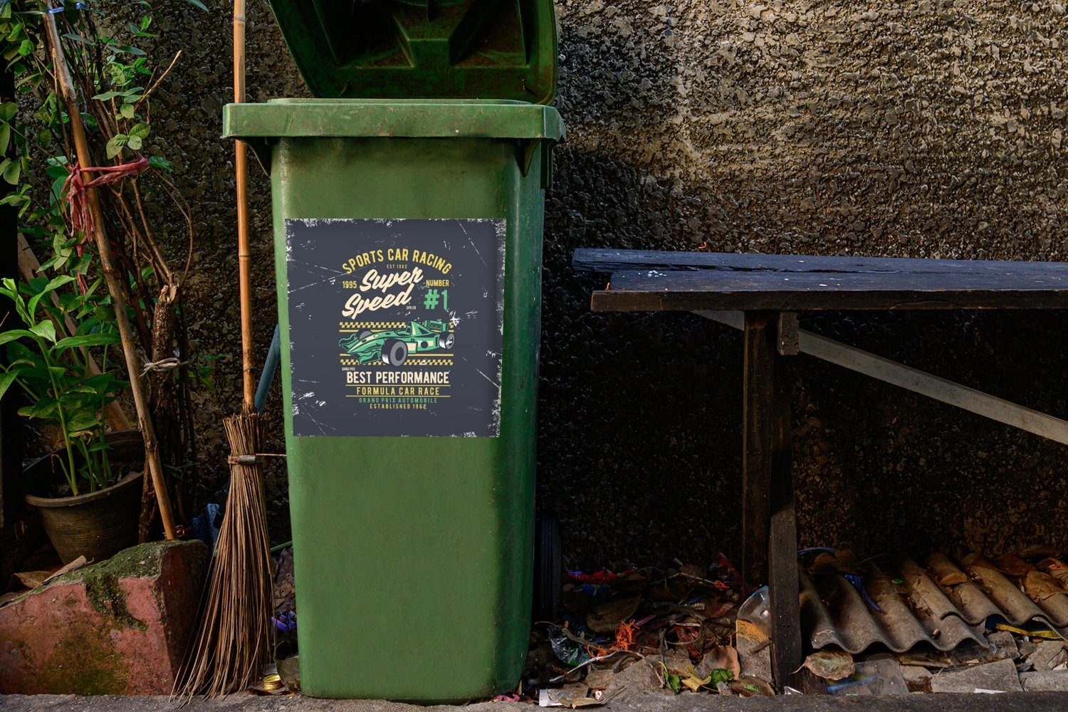 Vintage - St), Wandsticker (1 Sticker, Grün Rennwagen MuchoWow Container, Abfalbehälter Mülltonne, - Mülleimer-aufkleber,