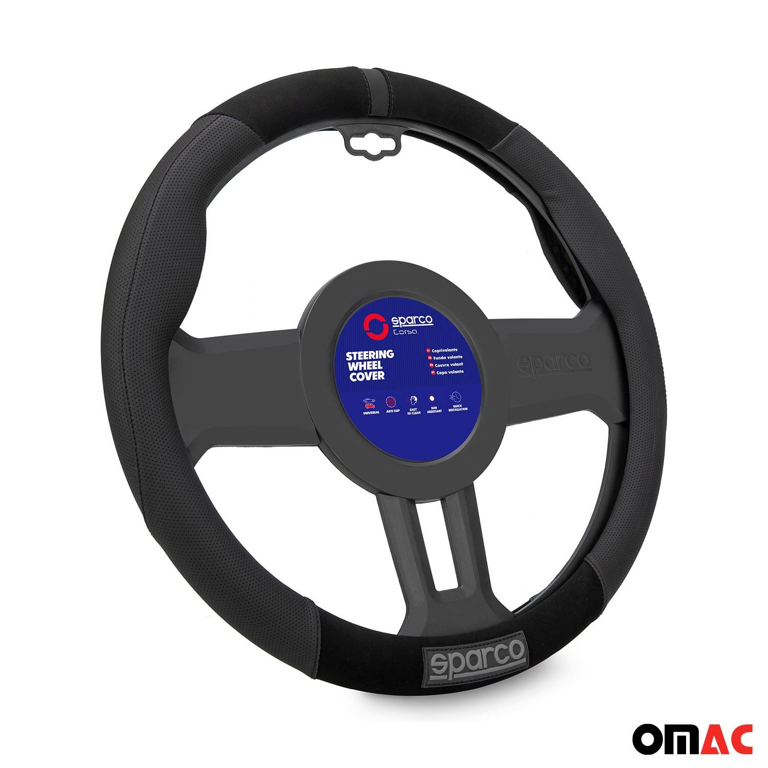 OMAC Steering Wheel Cover SPARCO Steering Wheel Protector Steering Wheel Cover Black Rubber Suede, Odorless, Easily Adjustable, Flexible