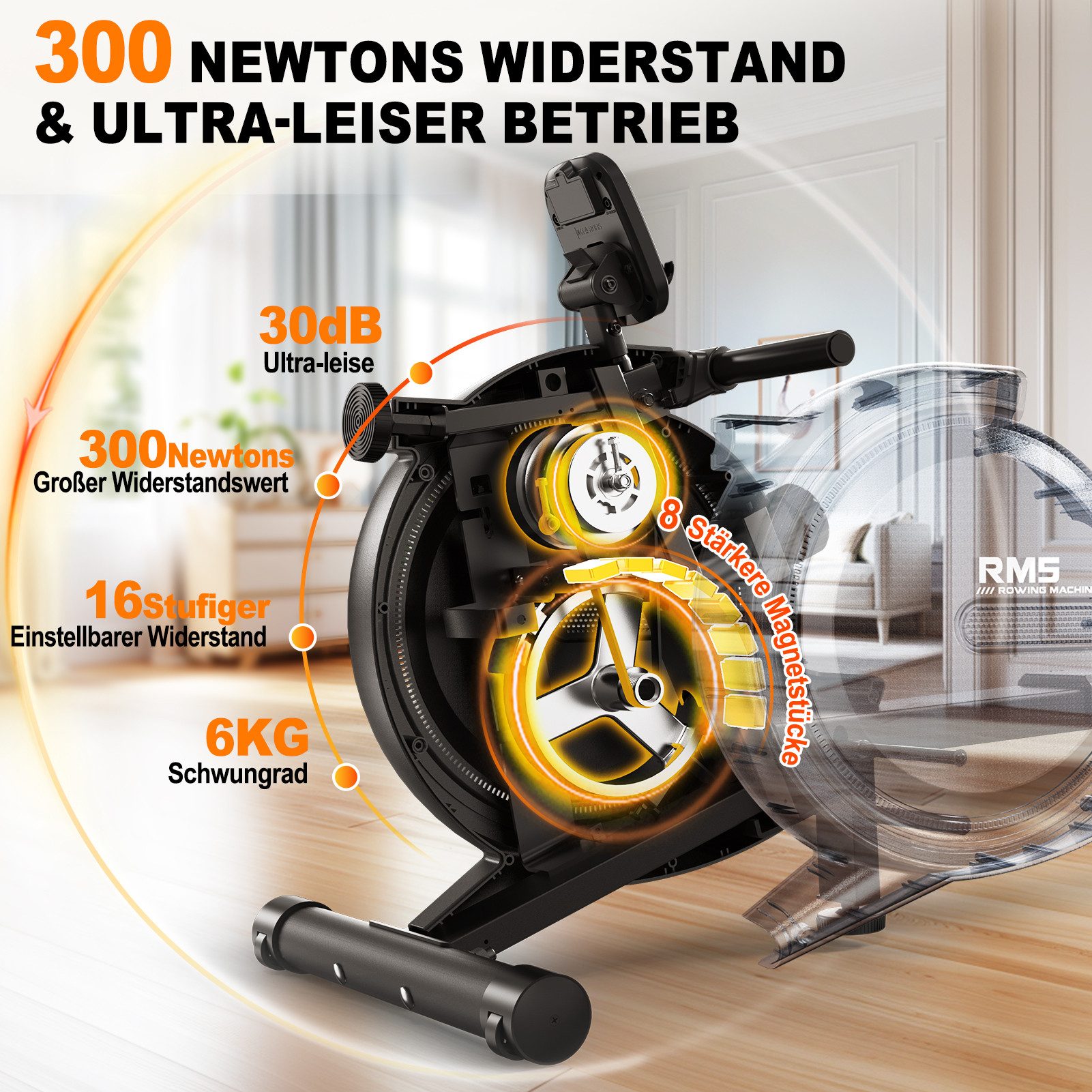 VOWVIT Rudergerät für Zuhause Magnetische Rudermachine mit Bluetooth, & 16-Stufigem Verstellbaren Widerstand - 150KG Gewichtsbelastung