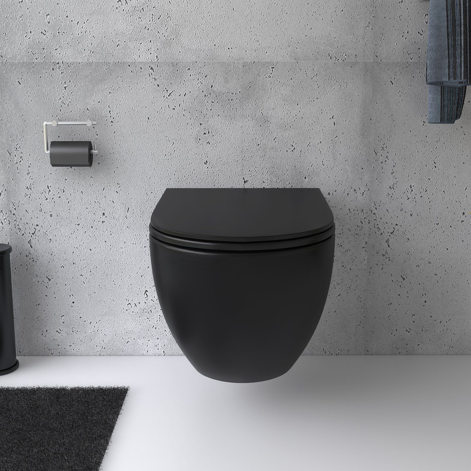 Alpenberger Tiefspül-WC - Hänge WC Schwarz Matt Spülrandlos - Schwarze Toilette mit Nano, wandhängend, Abgang waagerecht, Komplett-Set Wand WC, Hänge WC mit Schallschutz - Made in EU - Passend Geberit