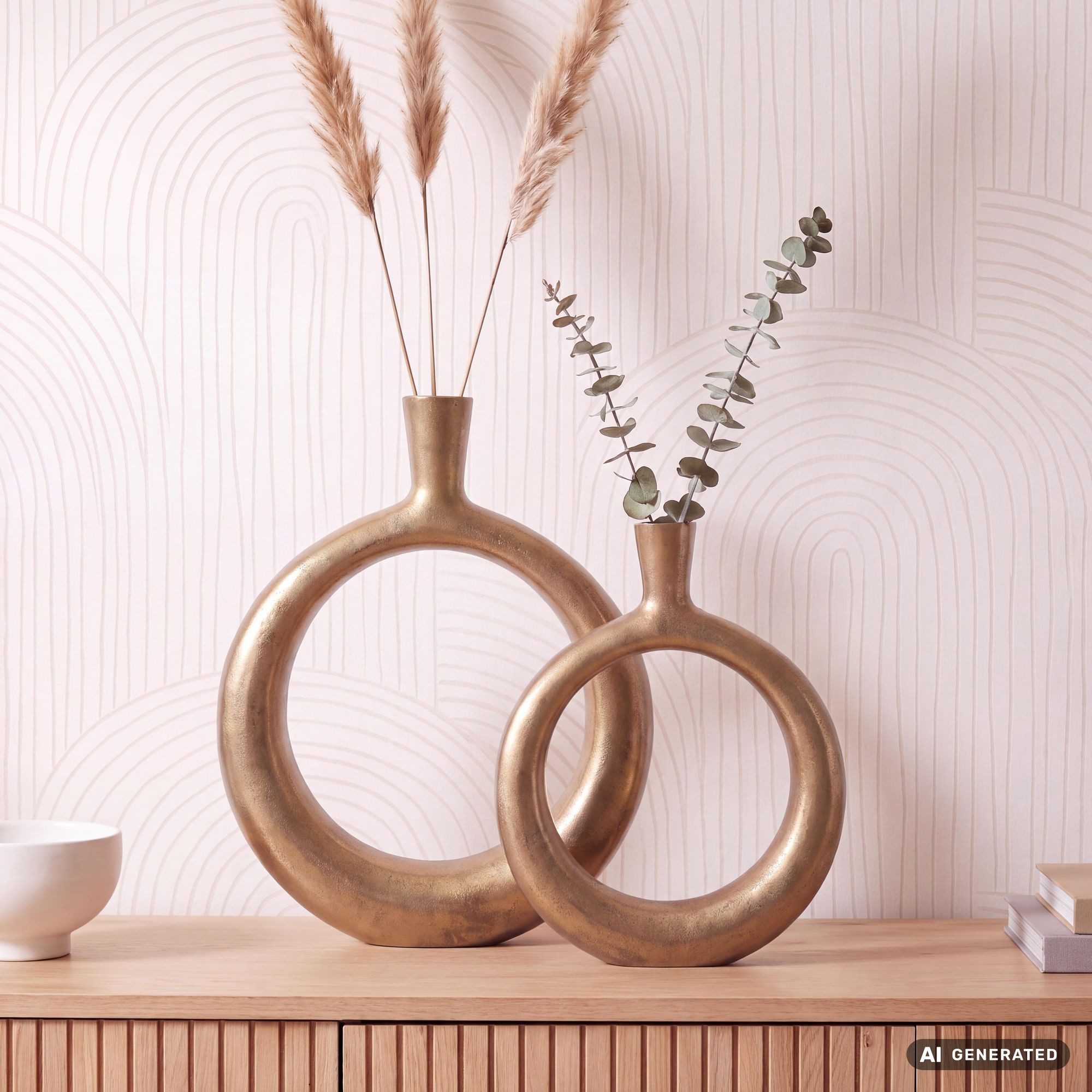 FINEBUY Tischvase FB65089 Vase 2er Set Blumenvase Aluminium Donut Modern Rund Wohndeko (Blumenvase 2-teilig, Tischvase Wohndeko Tischdeko), Donut-Form, Vase 2er Set Aluminium Modern Gold