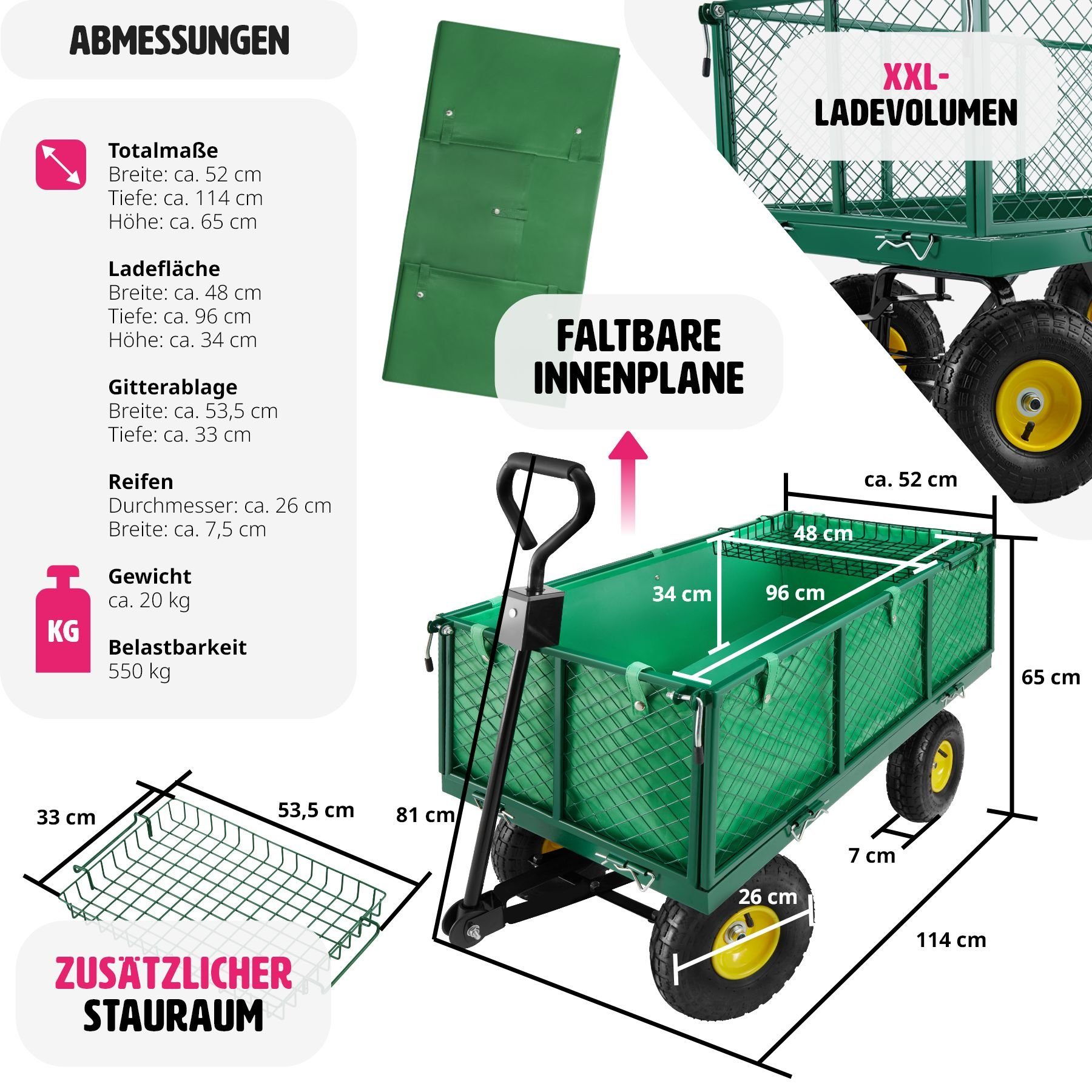 mit 550kg, Überdachung tectake max. Bollerwagen Ablage Bollerwagen