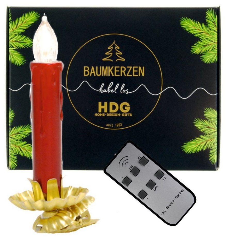 hdg LED-Christbaumkerzen weiß mit Fernbedienung Ø 15 mm, inkl. 8 goldenen  Baumkerzenhaltern in Zapfenform made in Germany