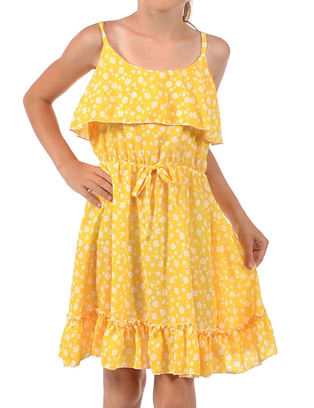 Spaghettiträger Volant tragen zu bequem Jerseykleid Mädchen (1-tlg) Kleid und KMISSO Gelb