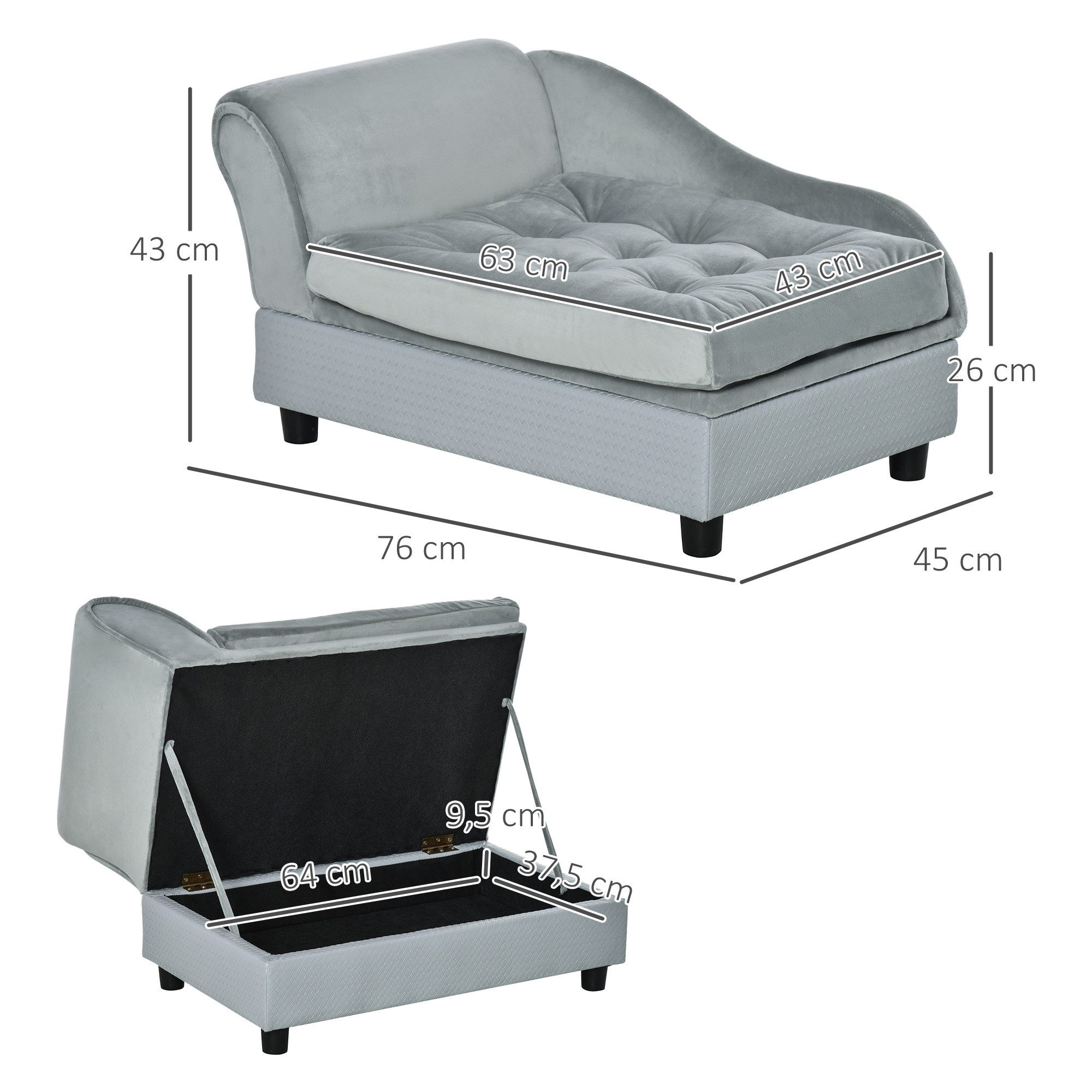 PawHut Tierbett Haustiersofa Hundesofa mit Matte Lagerraum Naturholz+Plüsch Hellgrau, Plüsch, 76B x 45T x 43H cm