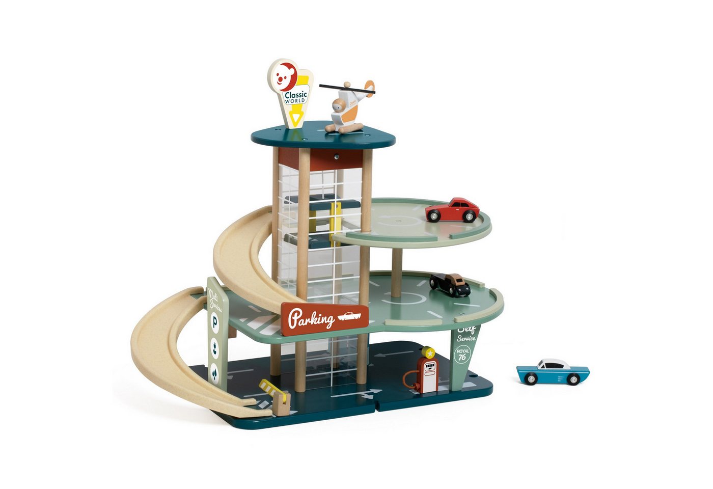 Classic World Spiel-Parkhaus Classic World - Parkhaus Vintage - 55x30x46,8cm - ab 3 Jahre (Set inklusive Heli und 3 Autos)
