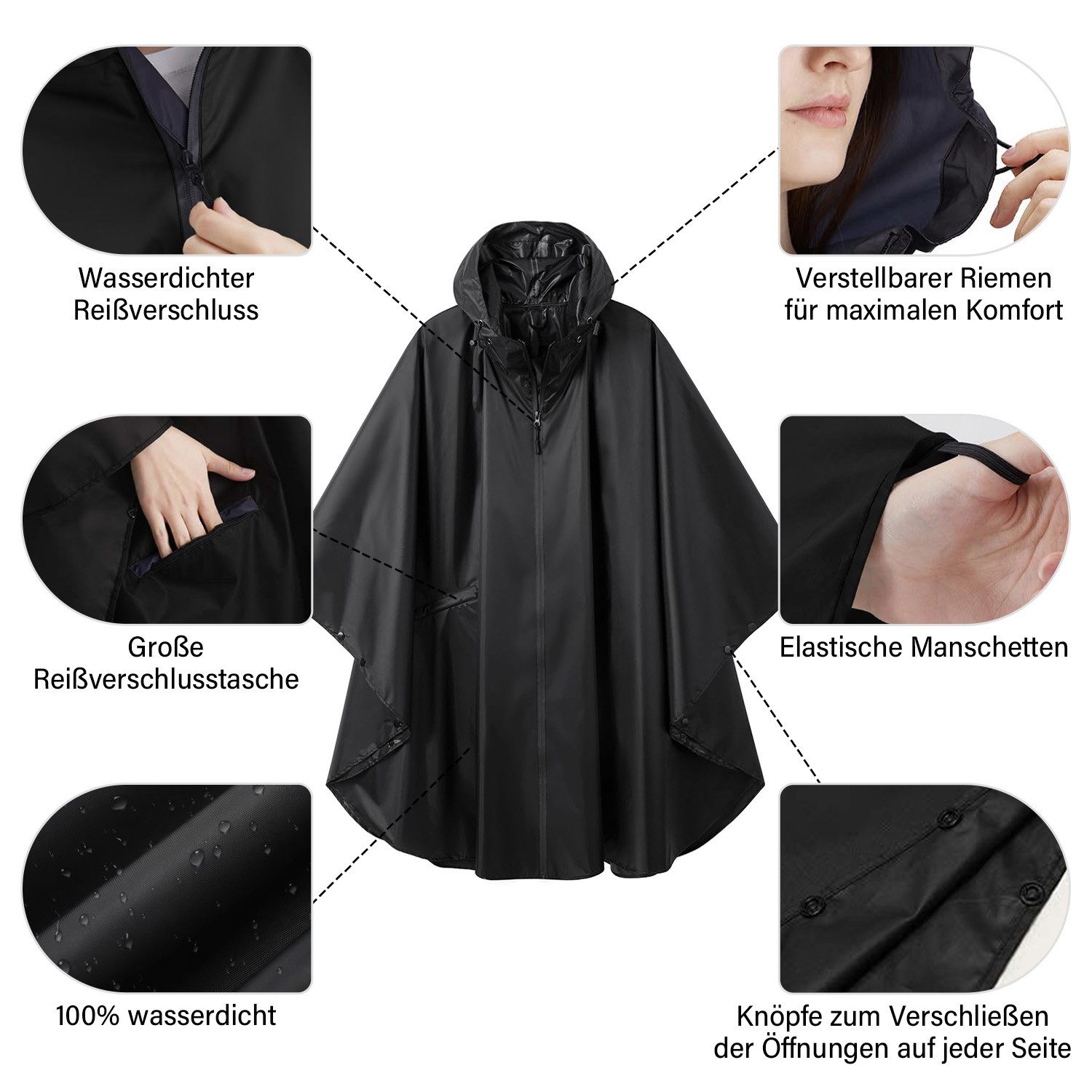 MOPUEA Regenmantel Regenponcho Jacke Wasserdichter Größe XL Regenjacke mit Kapuze und Reißverschluss für Damen und Herren mit Tasche