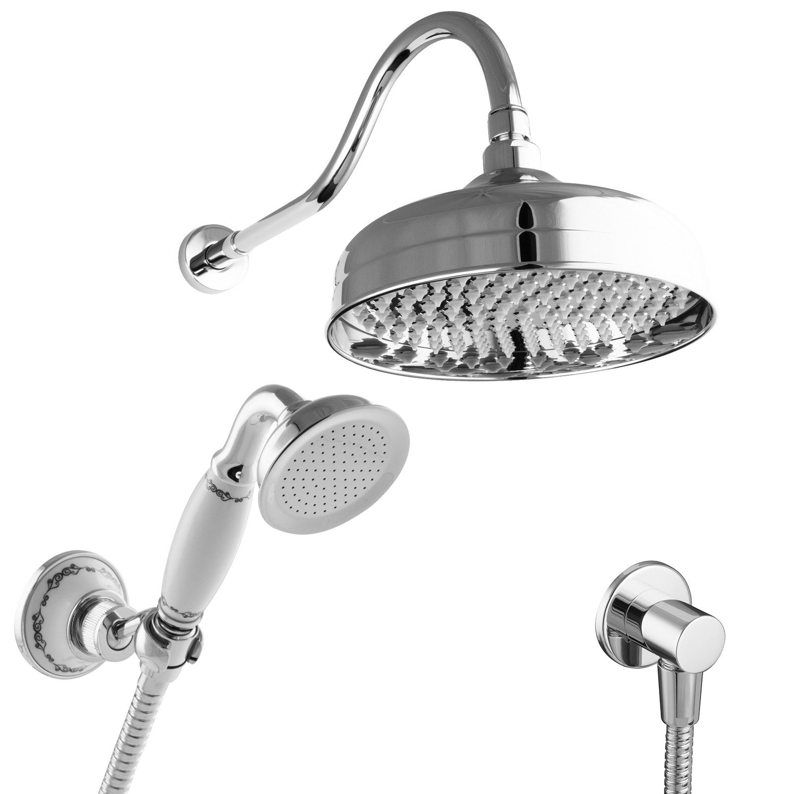 PaulGurkes Duscharmatur (Set, Duschset ohne Armatur, mit Kopf- und Handbrause) Nostalgie-Design, massives Messing, Keramikgriff