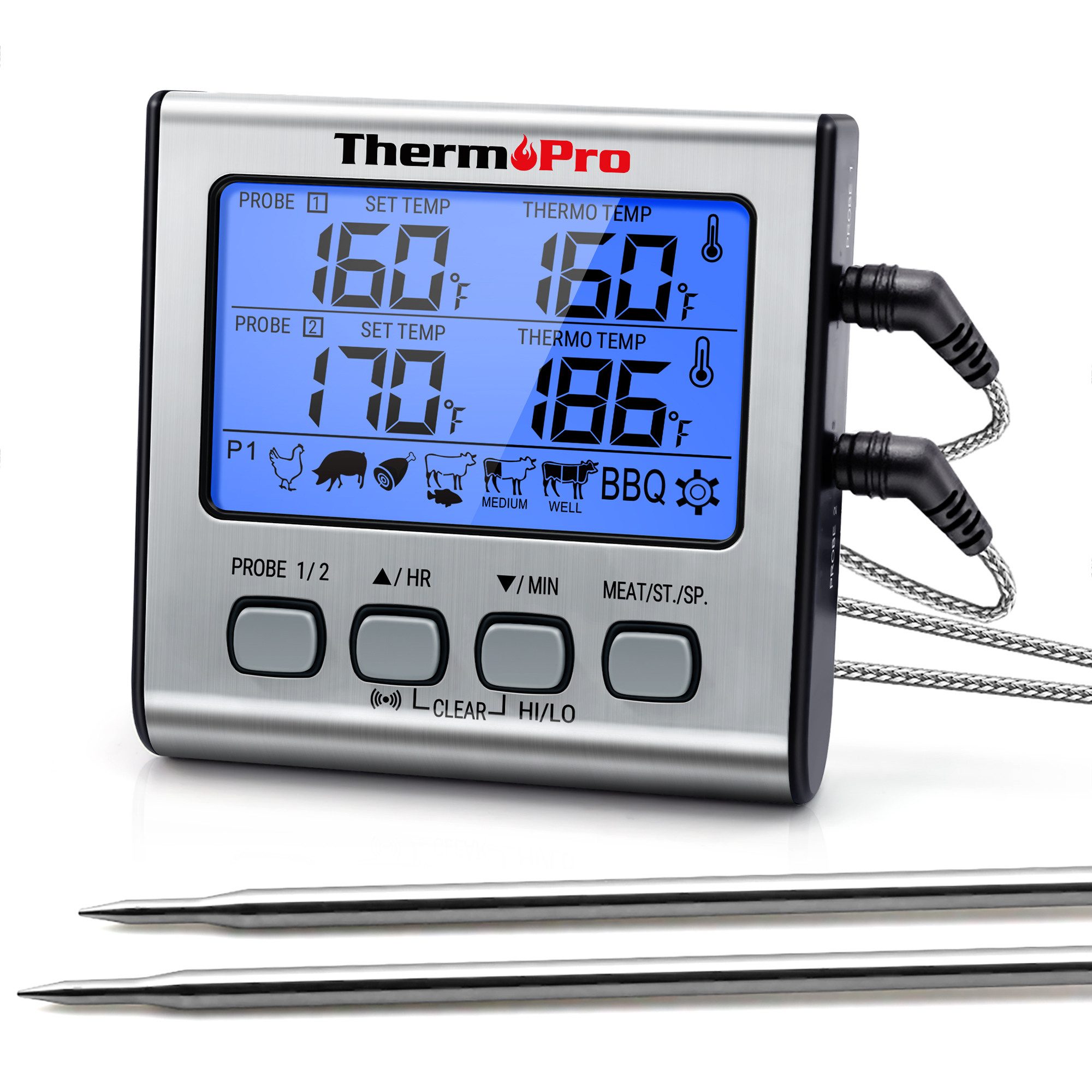 ThermoPro Grillthermometer TP17, Grillthermometer mit 2 Sonden, Alarm, bis 300 °C, LCD-Beleuchtung