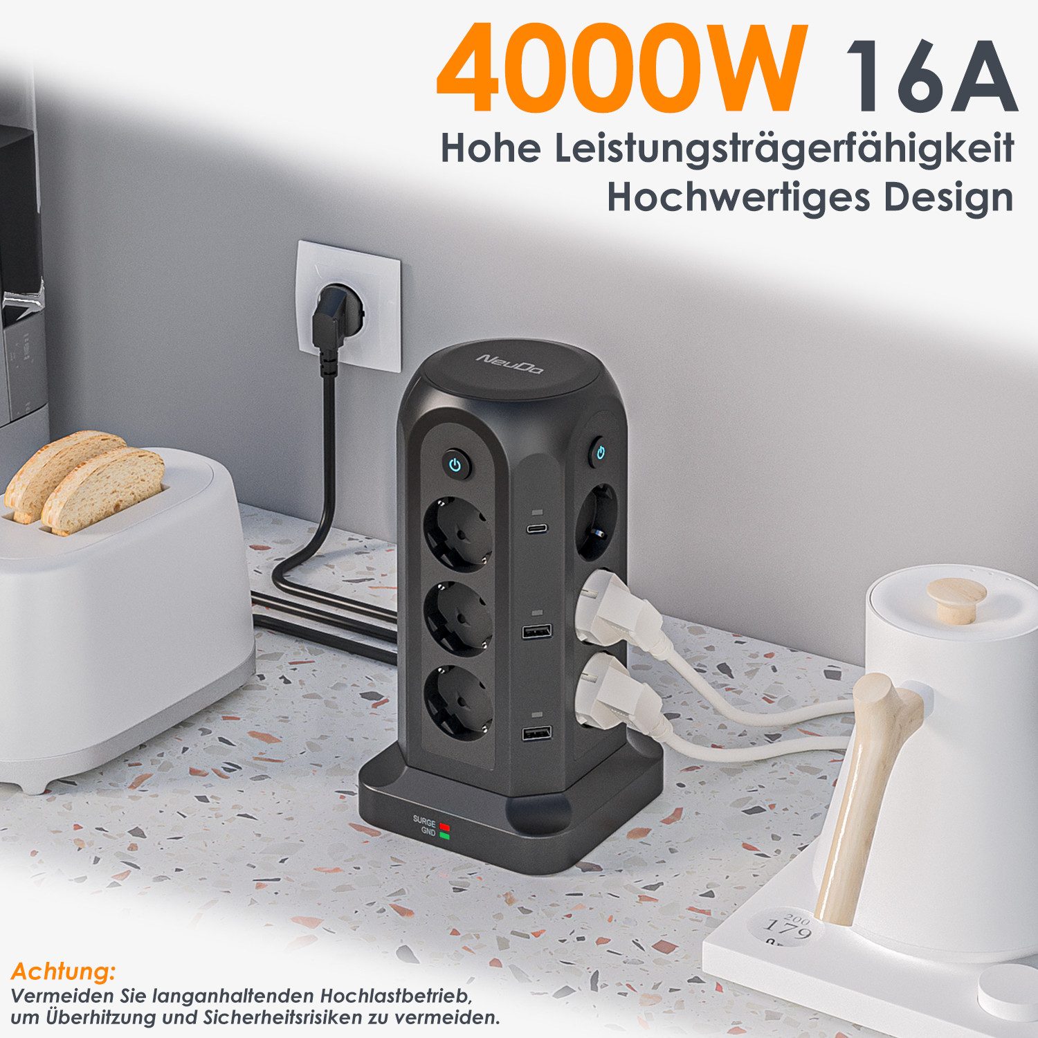 neue dawn 12fach Mehrfachsteckdose USB C 4000W Steckdosenleiste Steckdosenwürfel Mehrfachsteckdose 12-fach (USB-Anschlüsse, Einzeln schaltbar, mit überspannungs – Bild 5 von 5