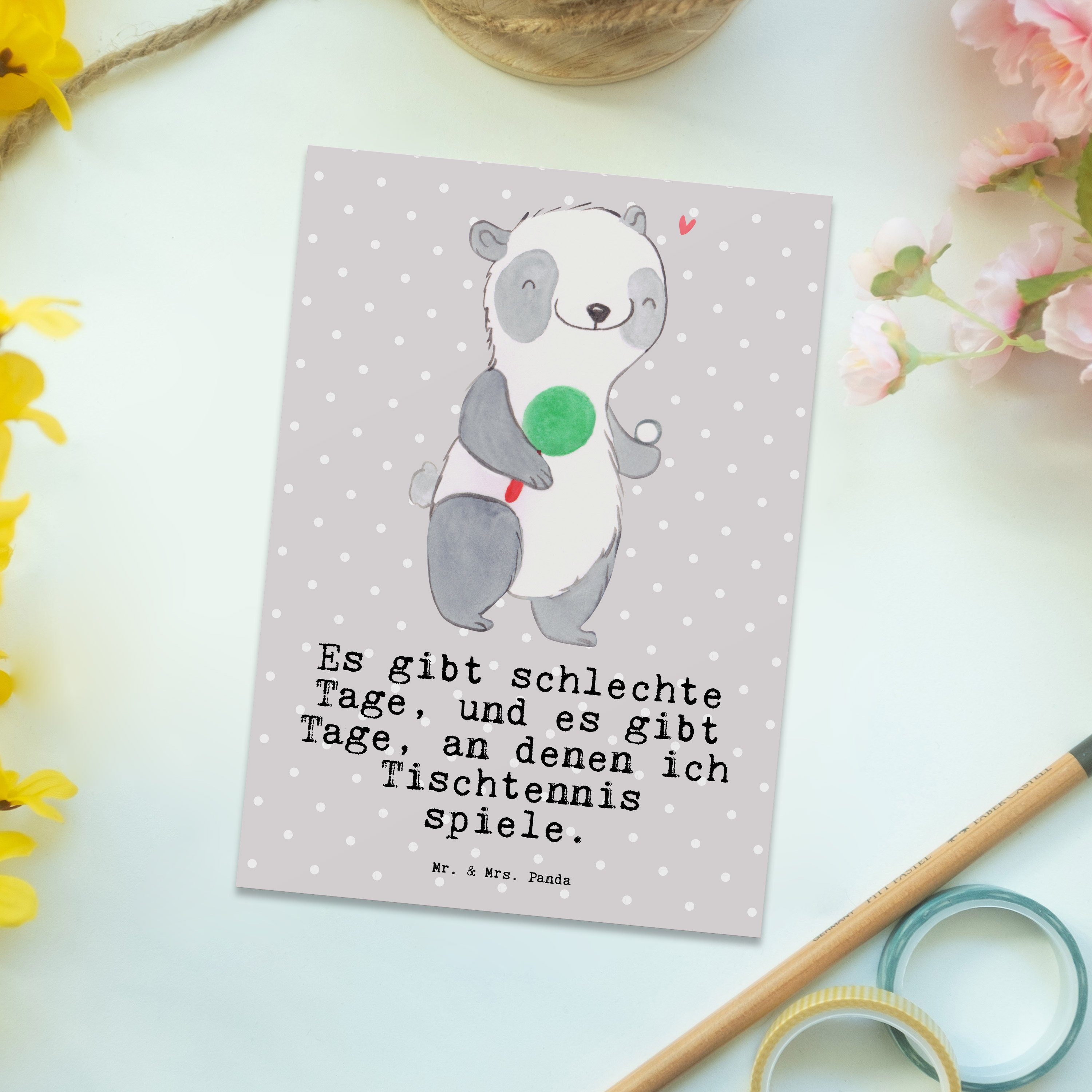 Mr. & Mrs. Panda Postkarte Panda Tischtennis Tage - Grau Pastell - Geschenk, Grußkarte, Dankeska