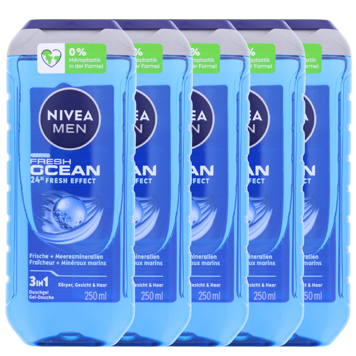 Nivea Duschgel 5 x NIVEA MEN Fresh Ocean Duschgel je 250ml 3in1 mit maritimem Duft