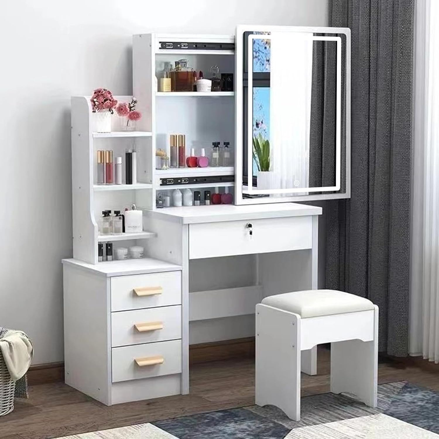 Schminktisch Kosmetiktisch Mit Spiegel und LED-Leuchten,80 x 36.5 x 130 cm