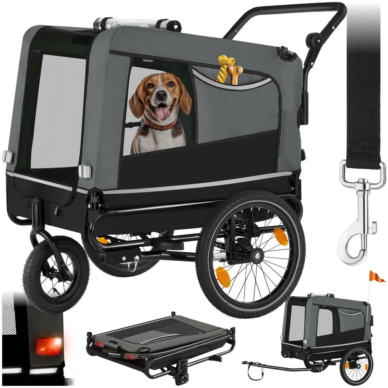 tectake Fahrradhundeanhänger Hundewagen 3in1 multifunktional mit Reflektoren, Leine und Warnfahne, mit Regenschutz, faltbar, gefedert, Belastbarkeit 40 kg, 240 Liter