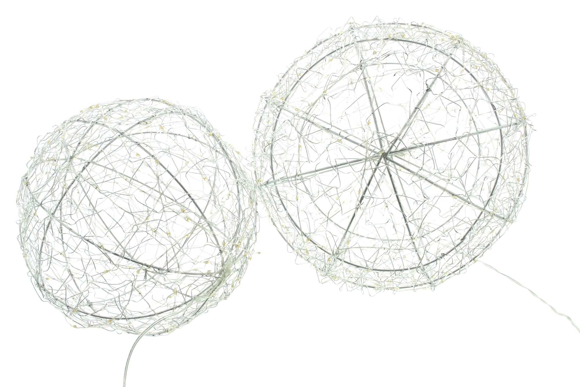 Dekoleidenschaft LED Kugelleuchte "Glow" Kugel aus Metall silber, 200 / 300 LED, 2er Set Leuchtkugel, Timer, LED fest integriert, Dekokugel mit Timer, Ø 20 & 25 cm, Outdoor Weihnachtsdeko, Gartendeko