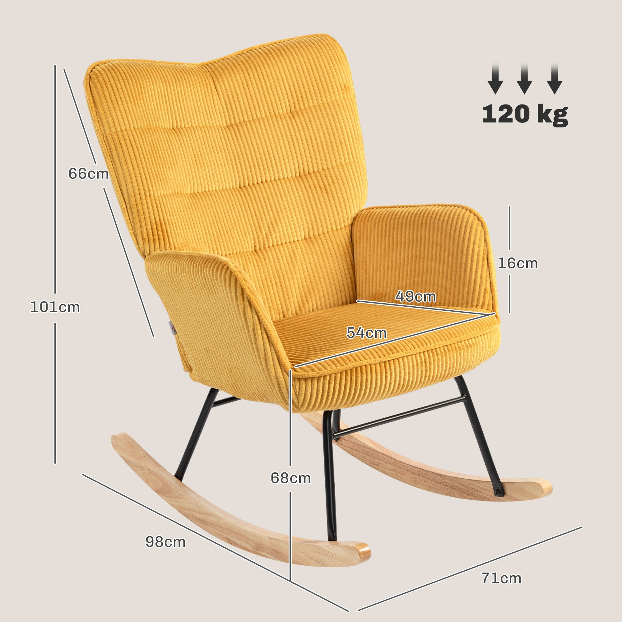 HOMCOM Schaukelstuhl Schaukelsessel, Relaxsessel mit Samtimitat, bis 120kg, Armlehne (Schaukelsessel, 1 St), für Wohnzimmer, Schlafzimmer, Gelb – Bild 3 von 5