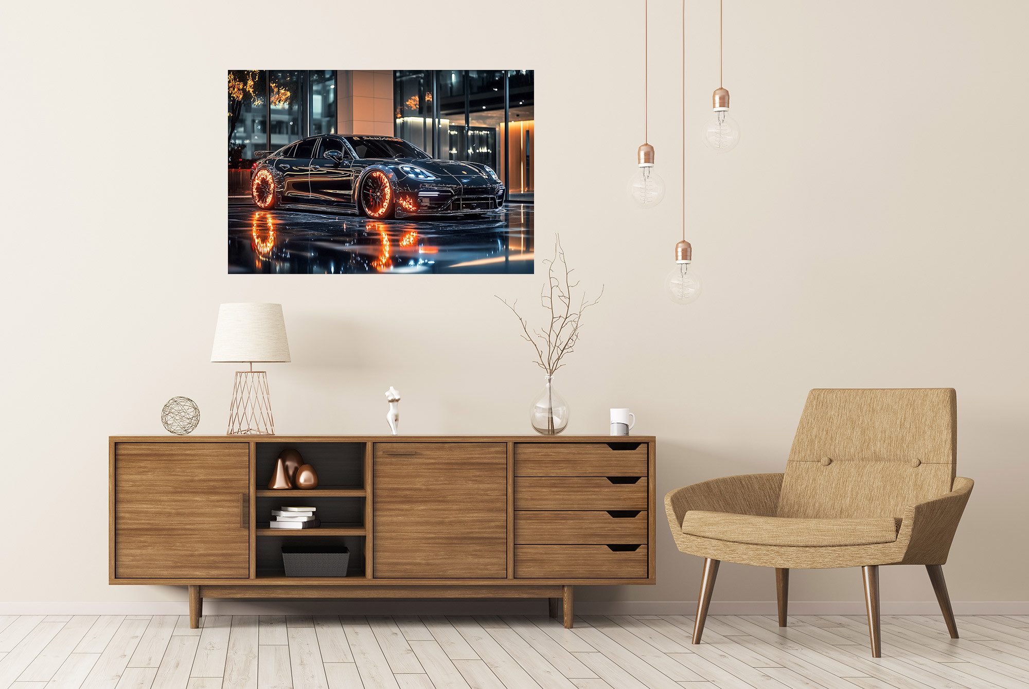 islandburner Poster, Schwarzes Auto mit leuchtenden Rädern bei Nacht günstig online kaufen