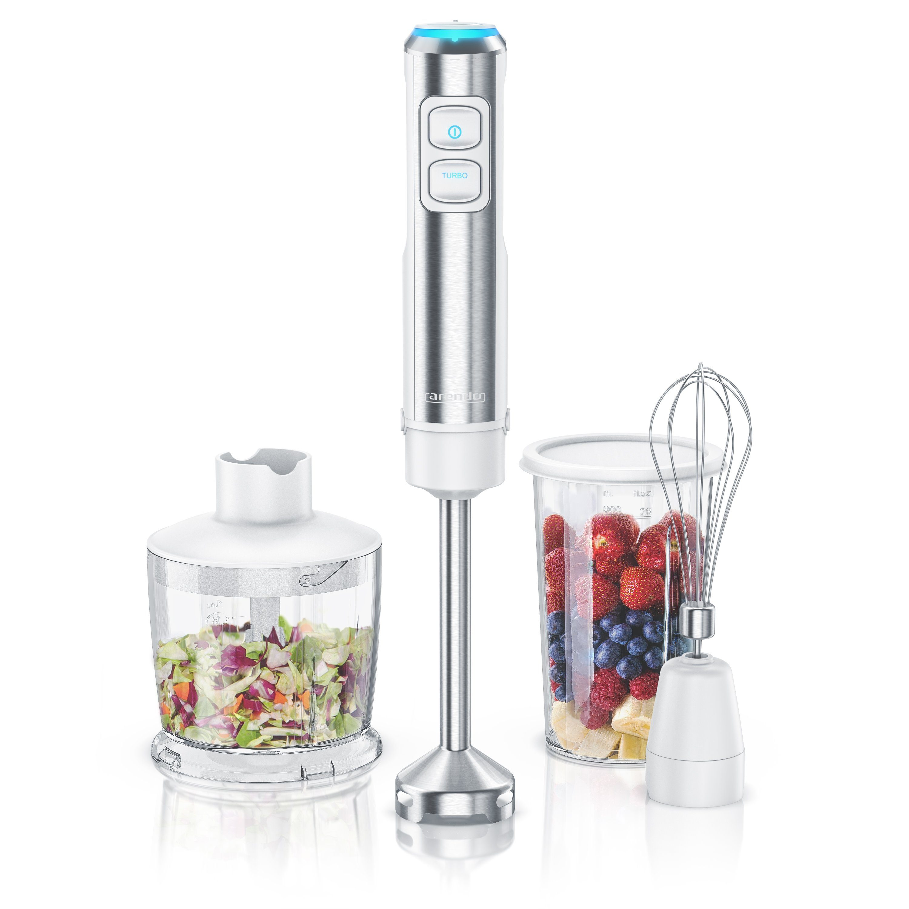 Arendo Stabmixer Edelstahl Pürierstab Set mit Zerkleinerer & Messbecher, Handmixer, 1200 W, 2 Geschwindigkeitsstufen, 4-Klingen, einfache Reinigung, DC Motor