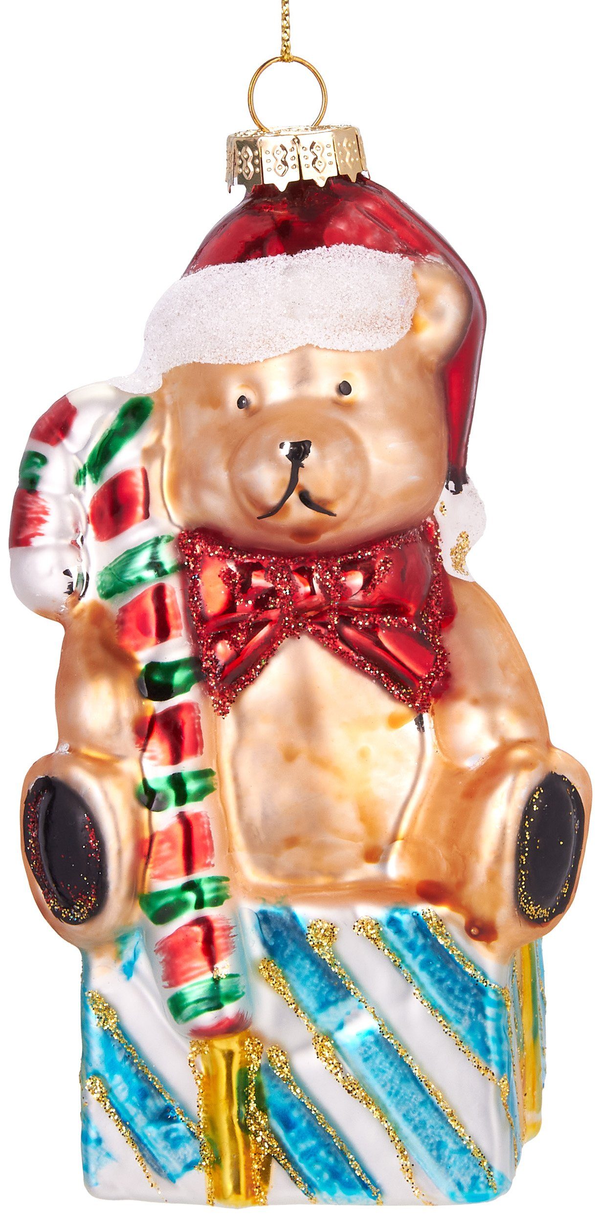 BRUBAKER Christbaumschmuck Handbemalte Weihnachtskugel Teddy mit Zuckerstange, süße Weihnachtsdekoration aus Glas, mundgeblasenes Unikat - 13 cm