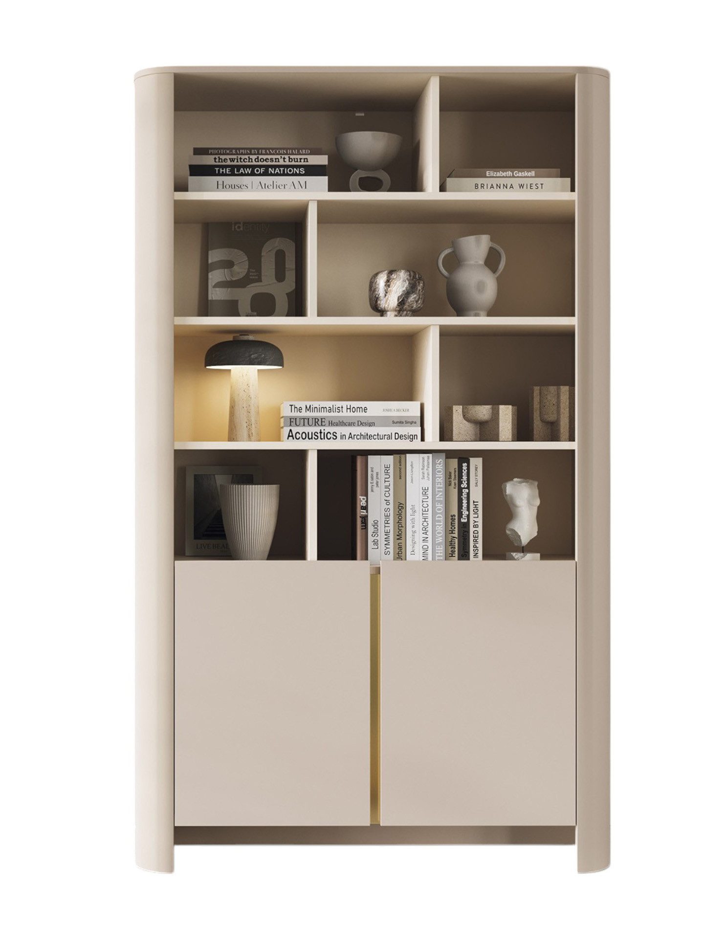 Compleo Bücherregal mit türen im Modern Stil BORS, Abgerundetes Regal für ein modernes Wohnzimmer