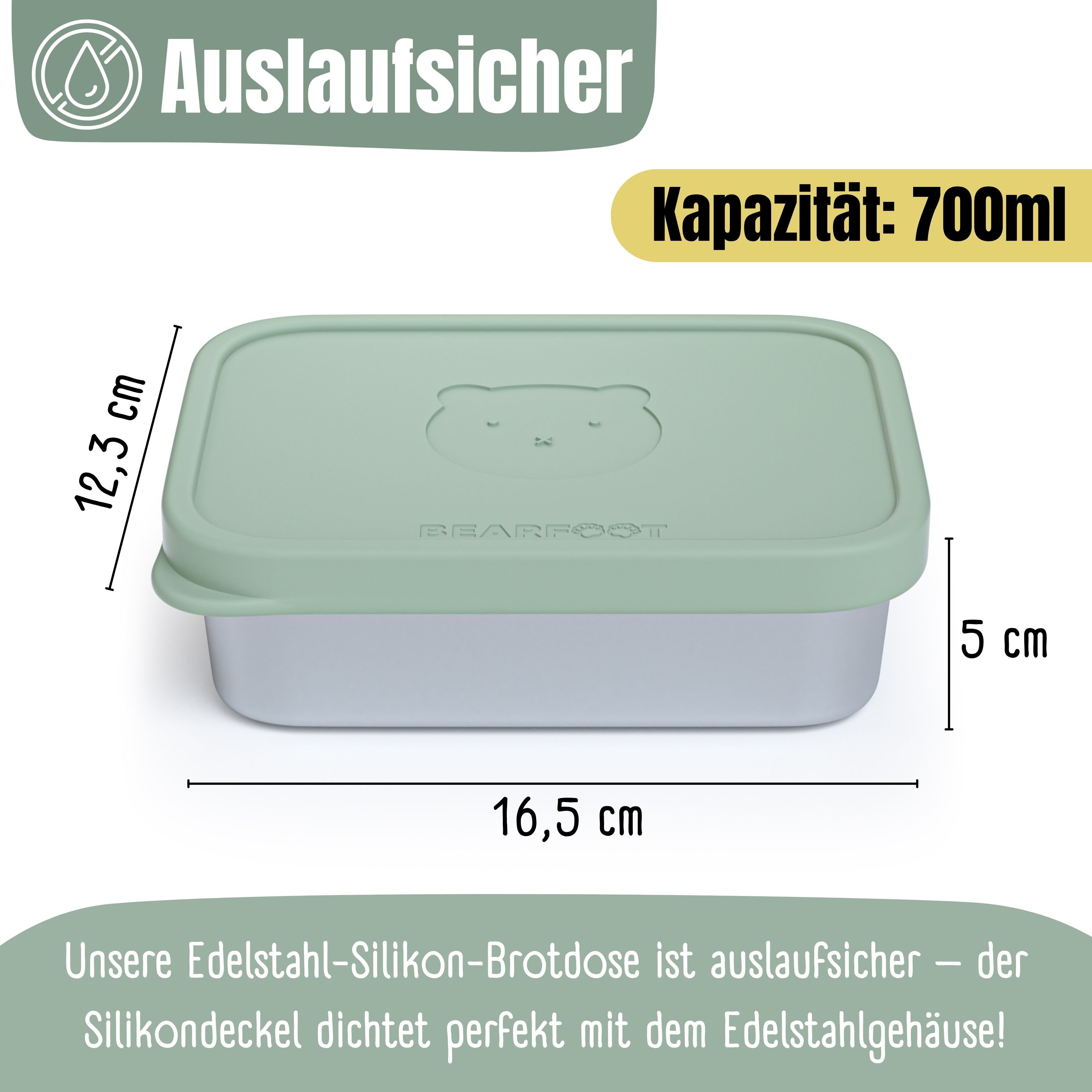 BEARFOOT Lunchbox Brotdose Kinder Edelstahl mit Silikoneinsatz - Salbei, Kindergarten und Schule - Mädchen und Jungen, Vesperbox, Snackbox – Bild 5 von 5