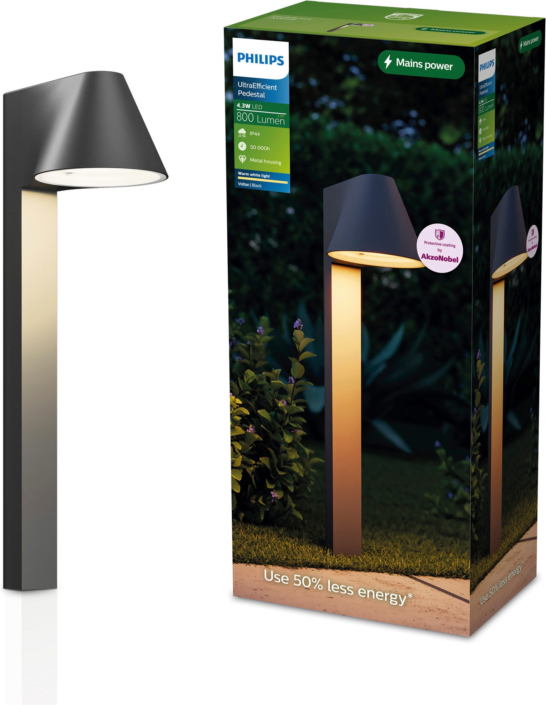 Philips Außen-Stehlampe Voltan ultraeffiziente Sockelleuchte für den Außenbereich, schwarz, Ein-/Ausschalter, LED fest integriert, Warmweiß, 4,3W, 2700 K Warmweiß, IP44,PowerShield-Beschichtung