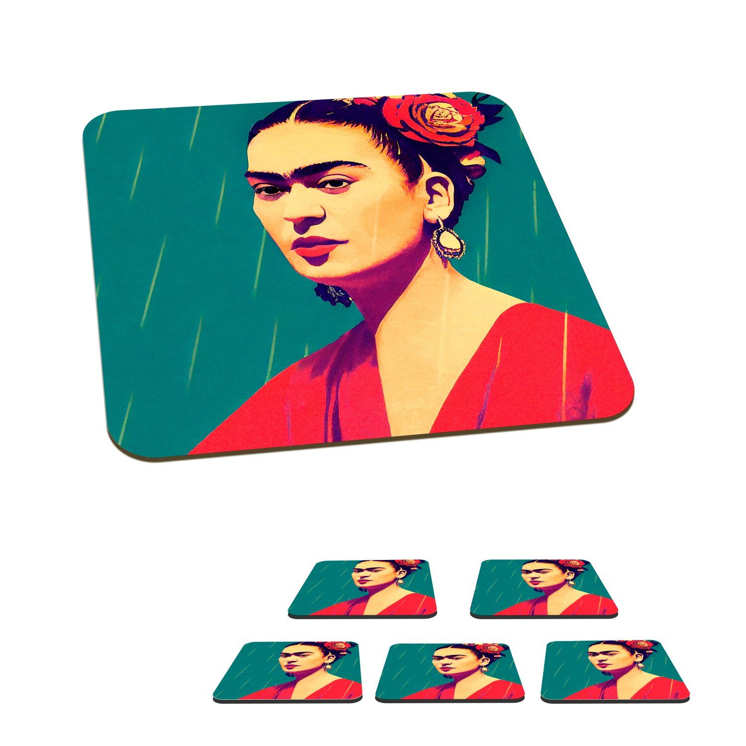 MuchoWow Glasuntersetzer Porträt - Frida Kahlo - Frau - Vintage - Rot, Zubehör für Gläser, 6-tlg., Glasuntersetzer, Tischuntersetzer, Korkuntersetzer, Untersetzer, Tasse