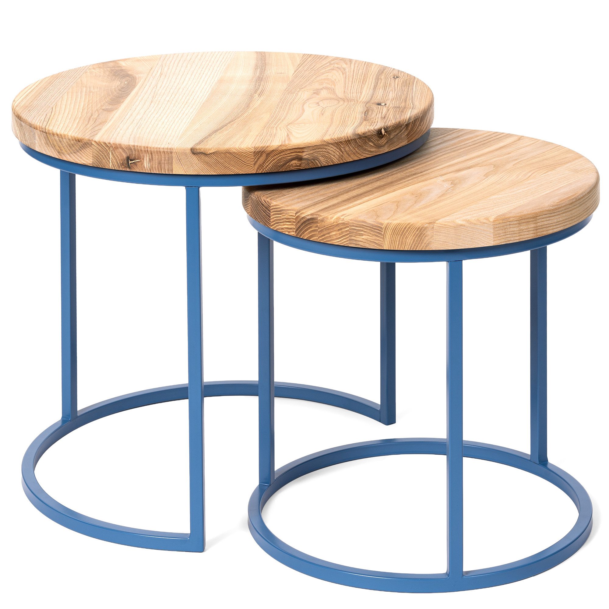 LAMO Manufaktur Beistelltisch Couchtisch rund 2er Set - Beistelltisch Holz -Wohnzimmertisch rund (2 Tisch), Sofatisch modern, Holztisch für Wohnzimmer, Farbe: Natur, Beine: Blau