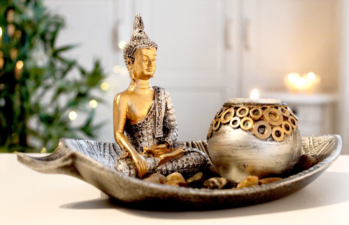 LB H&F Lilienburg Teelichthalter mit Tablett Dekotablett Buddha Statue Gold günstig online kaufen