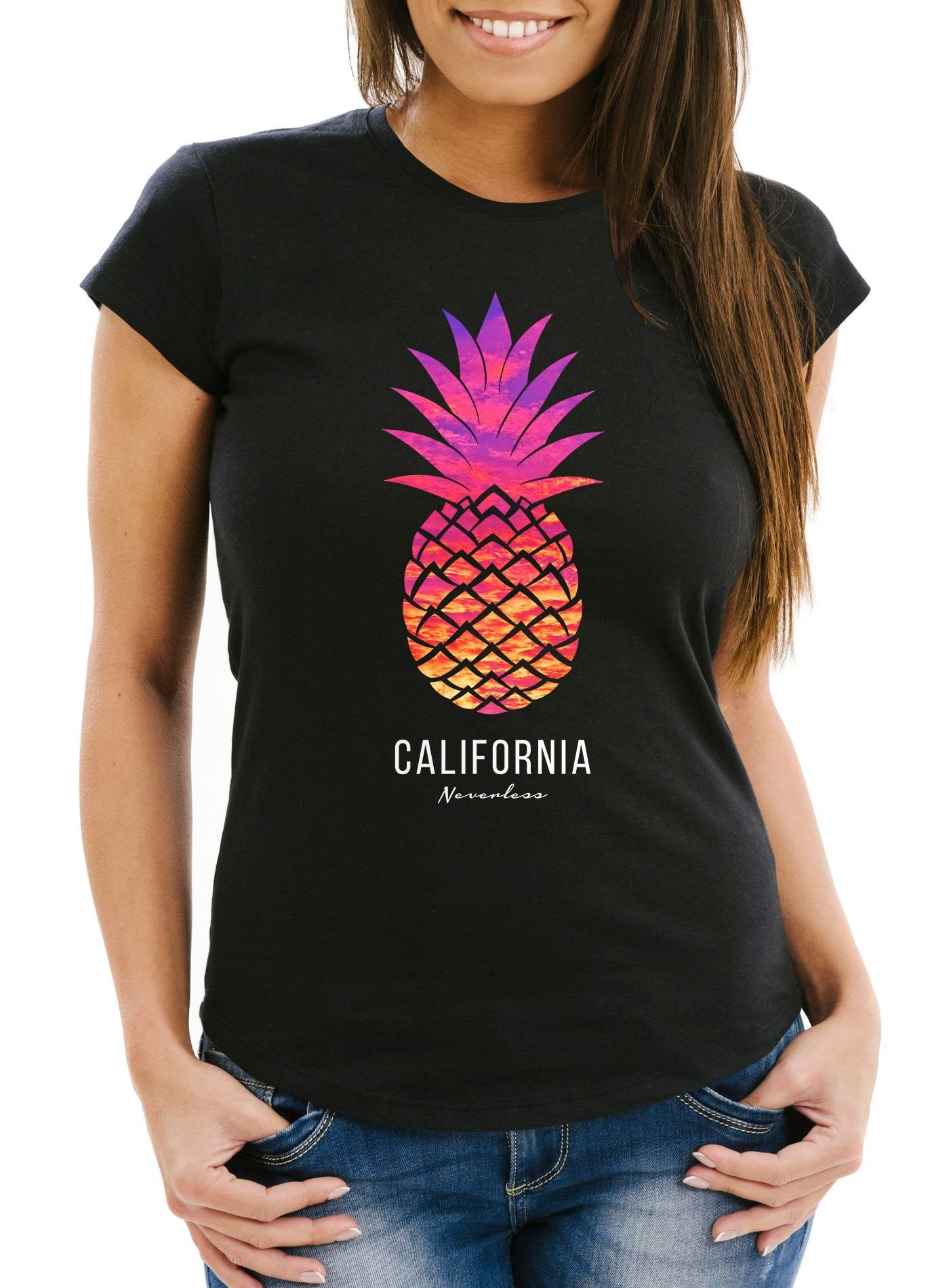 Neverless Print-Shirt Damen T-Shirt Ananas Galaxy Galaxie Wasser Ozean Slim  Fit Neverless® mit Print