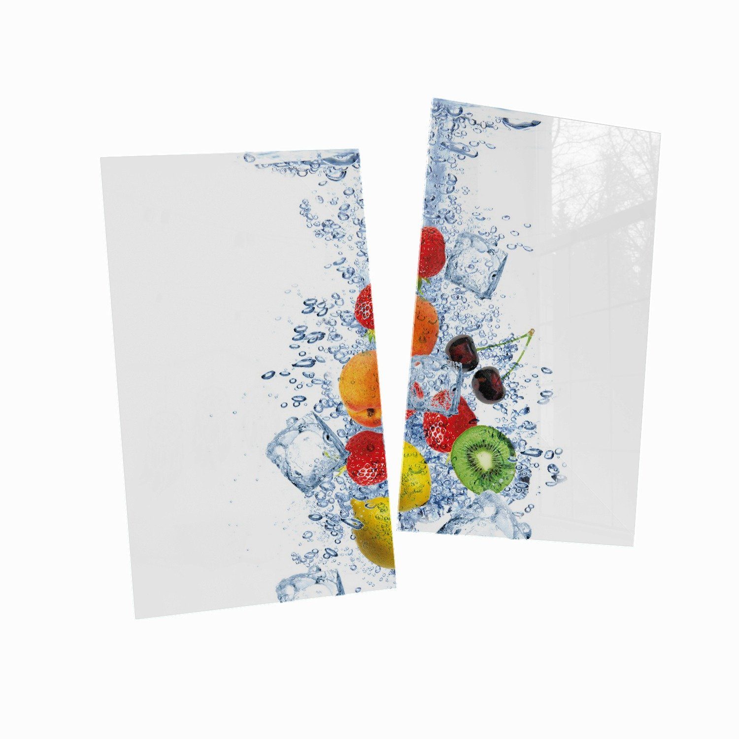Wallario Herd-Abdeckplatte ESG-Sicherheitsglas, im Obst-Eiswürfel-Mix Hintergrund, (Glasplatte, weißem Wasser inkl. 5mm Größen Noppen), mit verschiedene tlg., 2