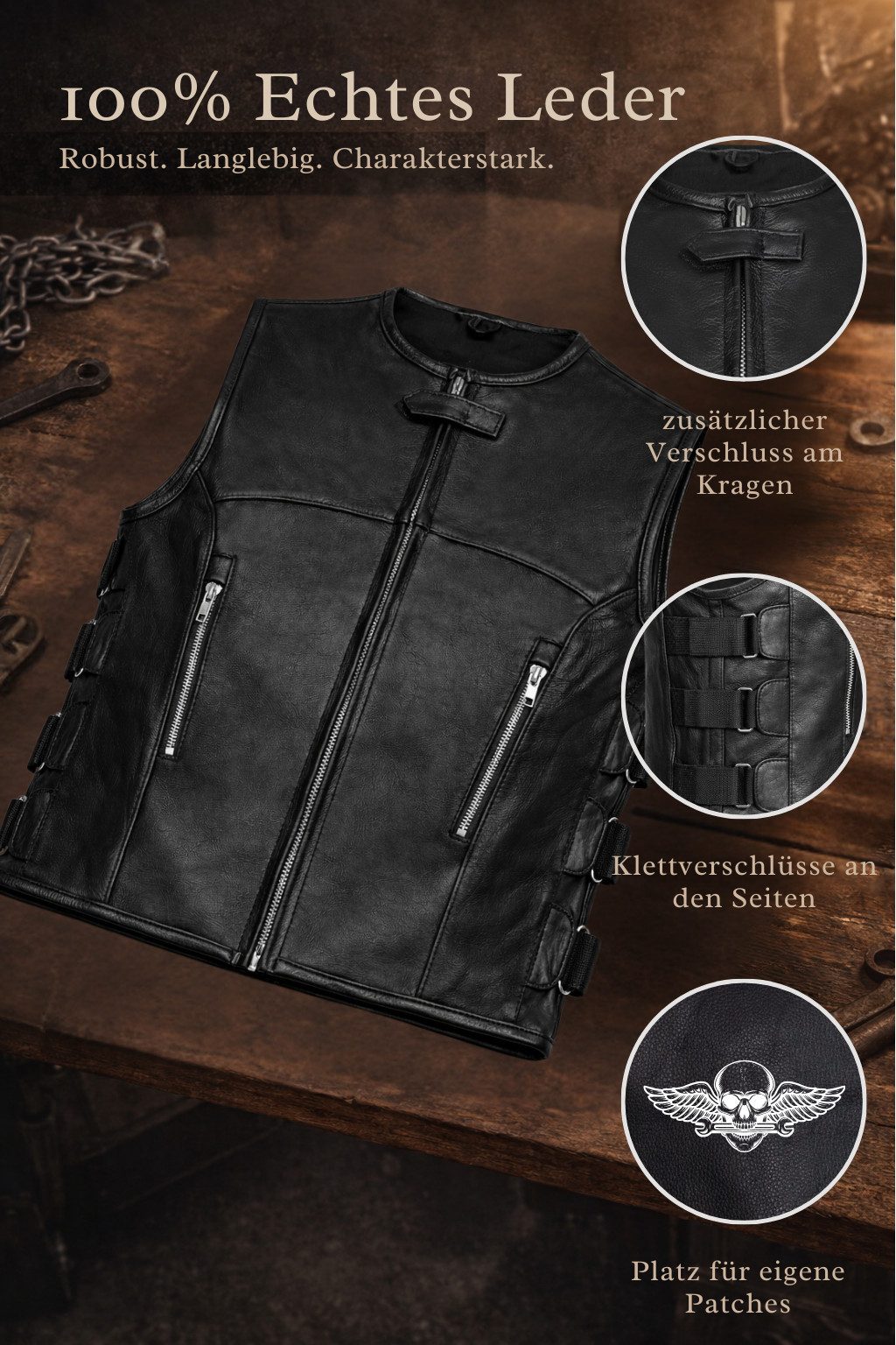 PAULGOS Motorradweste Lederweste Biker Kutte Clubweste Chopper Weste 100% Echtleder - BW10