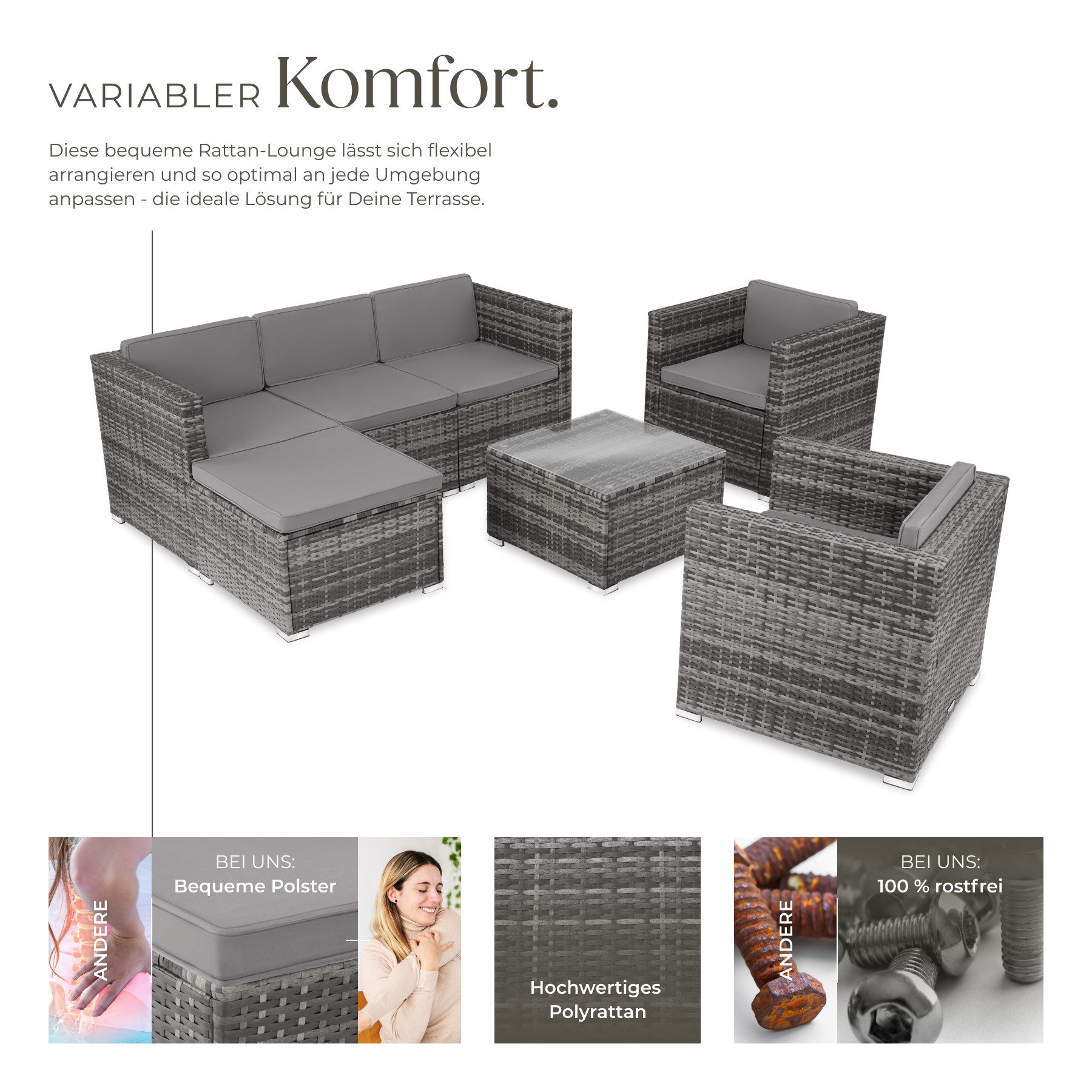 tectake Loungeset Rattan Sitzgruppe mit Sicherheitsglasplatte, für 5 bis 6 Personen, (Gartenlounge-set Lignano, 7-tlg., geeignet für Outdoor in Grau), widerstandsfähig und UV-beständig, variabel aufstellbar