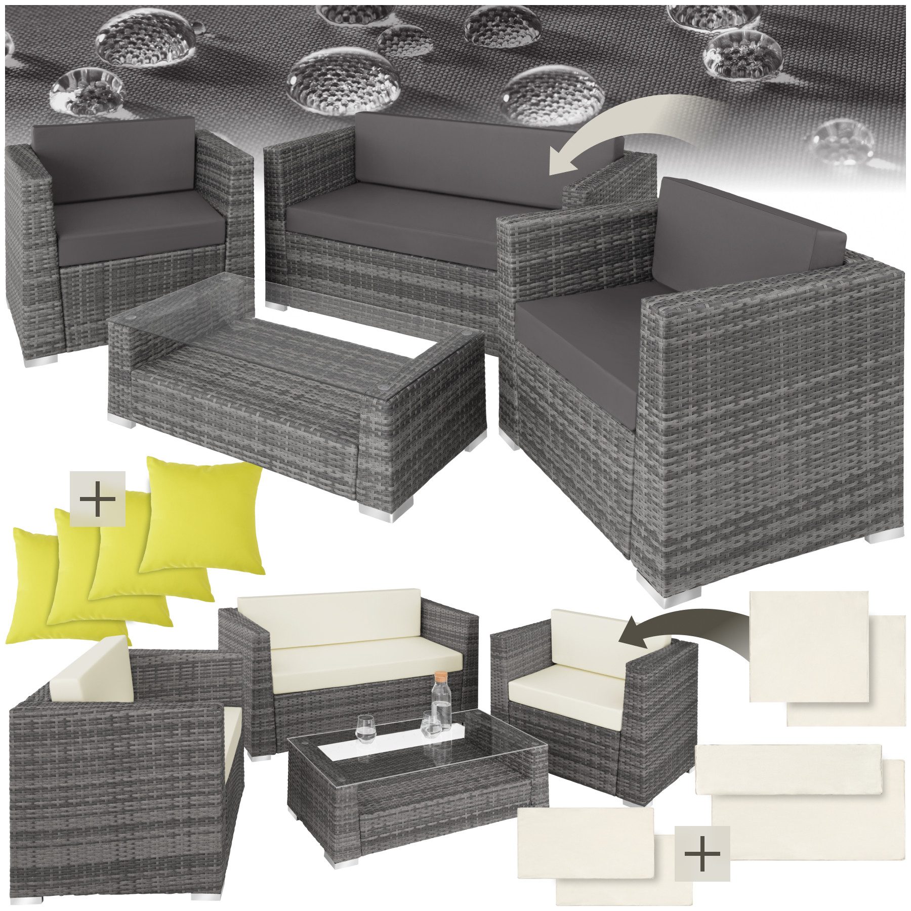 tectake Loungeset Rattan Lounge, (Set., 4-tlg), Hochwertige, weiche Sitzpolster, 10 cm stark, abnehmbar, hoher Komfort
