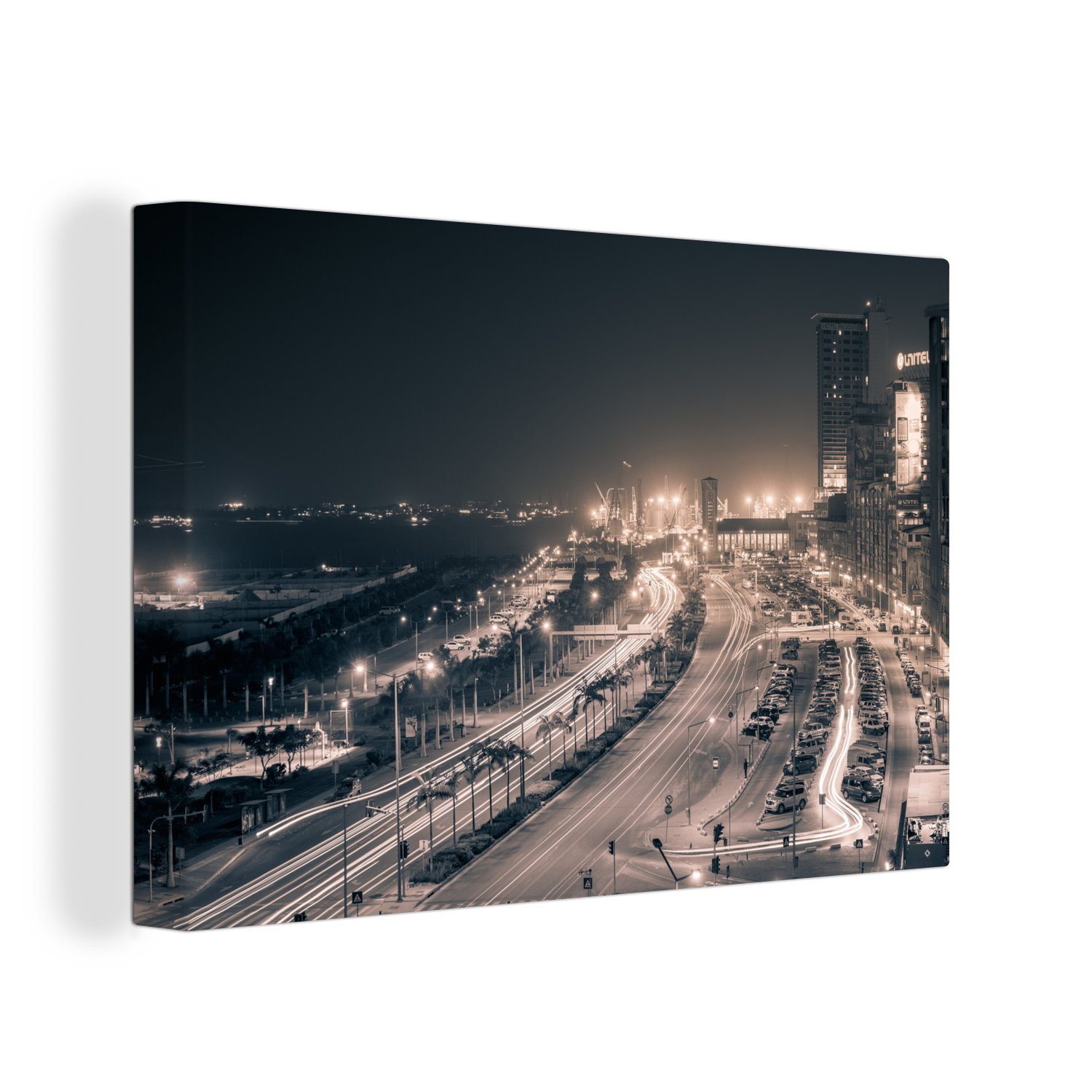 OneMillionCanvasses® Leinwandbild Schwarz-Weiß-Foto der belebten Straßen von Luanda in Angola, (1 St), Wandbild Leinwandbilder, Aufhängefertig, Wanddeko, 30x20 cm