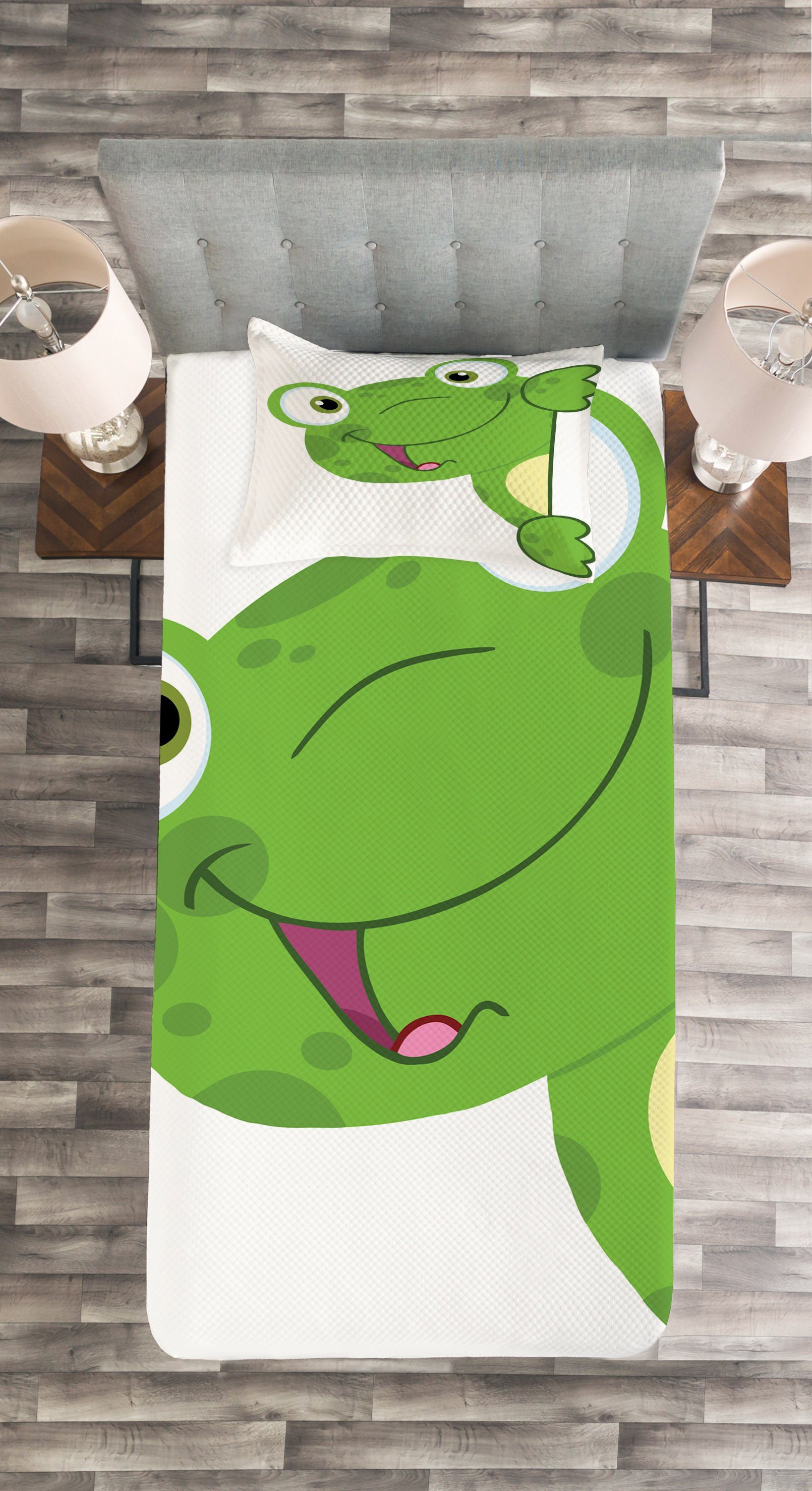 Abakuhaus, Set Tier Cartoon Lächeln Tagesdecke Waschbar, mit Kissenbezügen Frösche