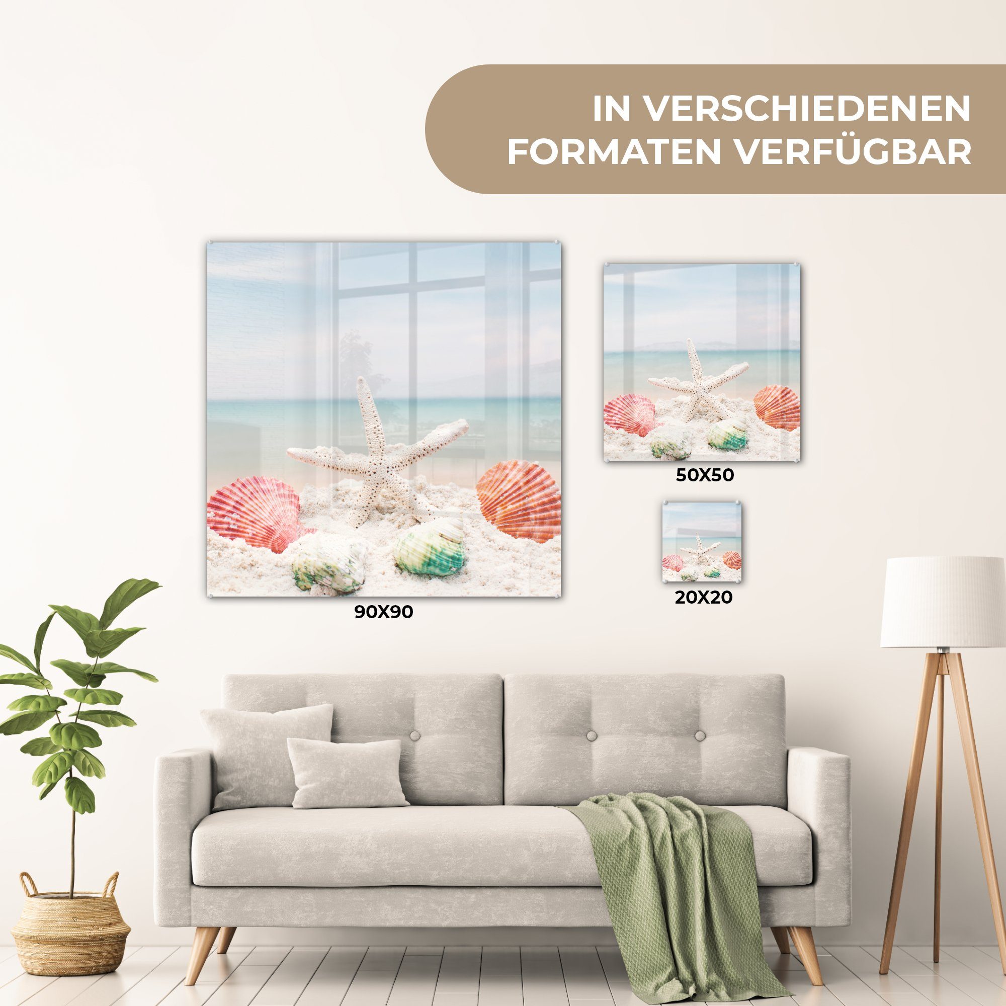 - - Acrylglasbild Bilder Glas (1 MuchoWow Wanddekoration Foto - - Muscheln Wandbild Glas Seesterne auf Strand, St), Glasbilder auf -