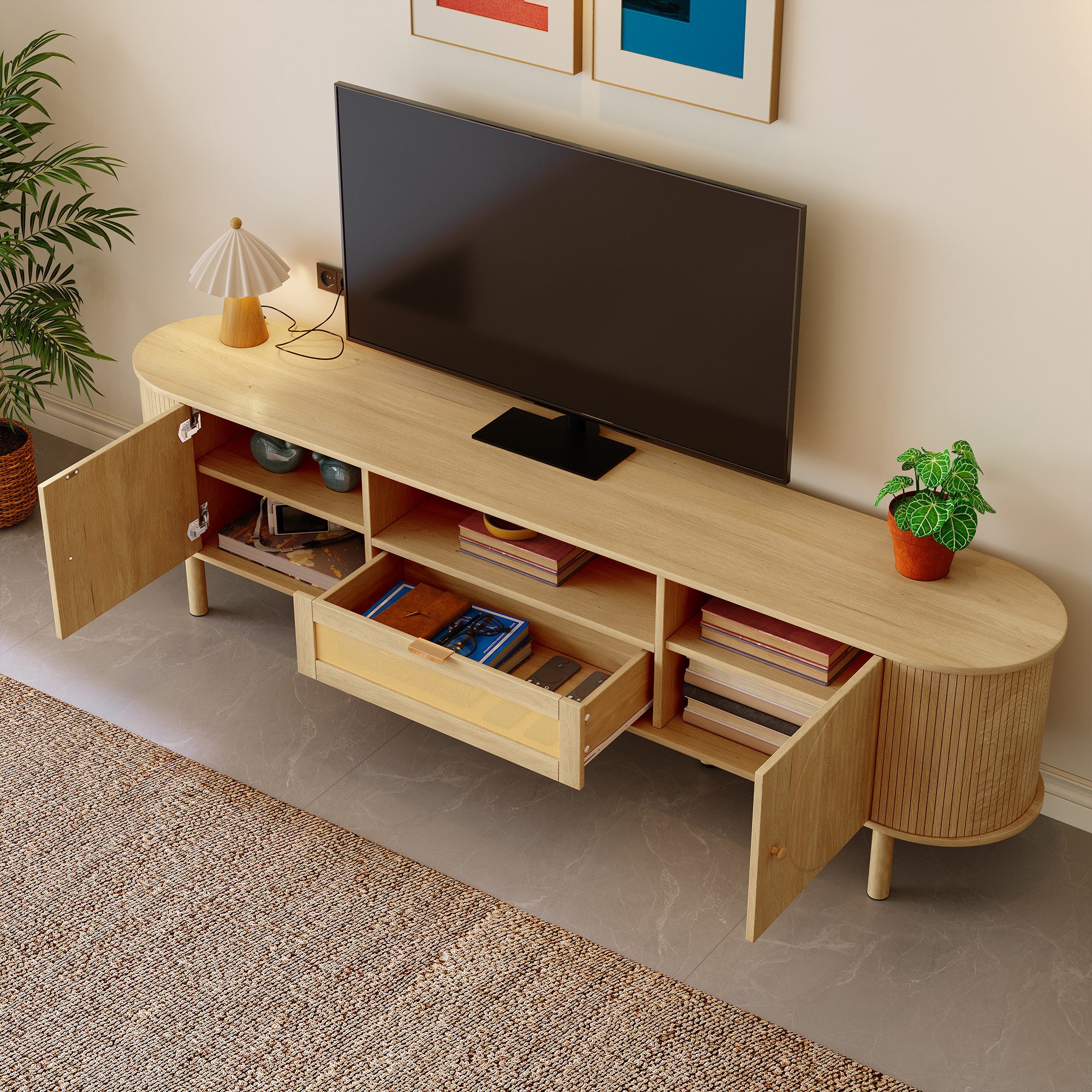 STILVORA Sideboard mit Schubladen,TV-Schrank Fernsehschrank mit offenen Fächern,Holzoptik (Fernsehtisch, Wohnzimmermöbel, 1 Rattan-Schubladen,1 offenen Fächern, 2 Türen), abgerundeter Tischplatte, Metallbeinen