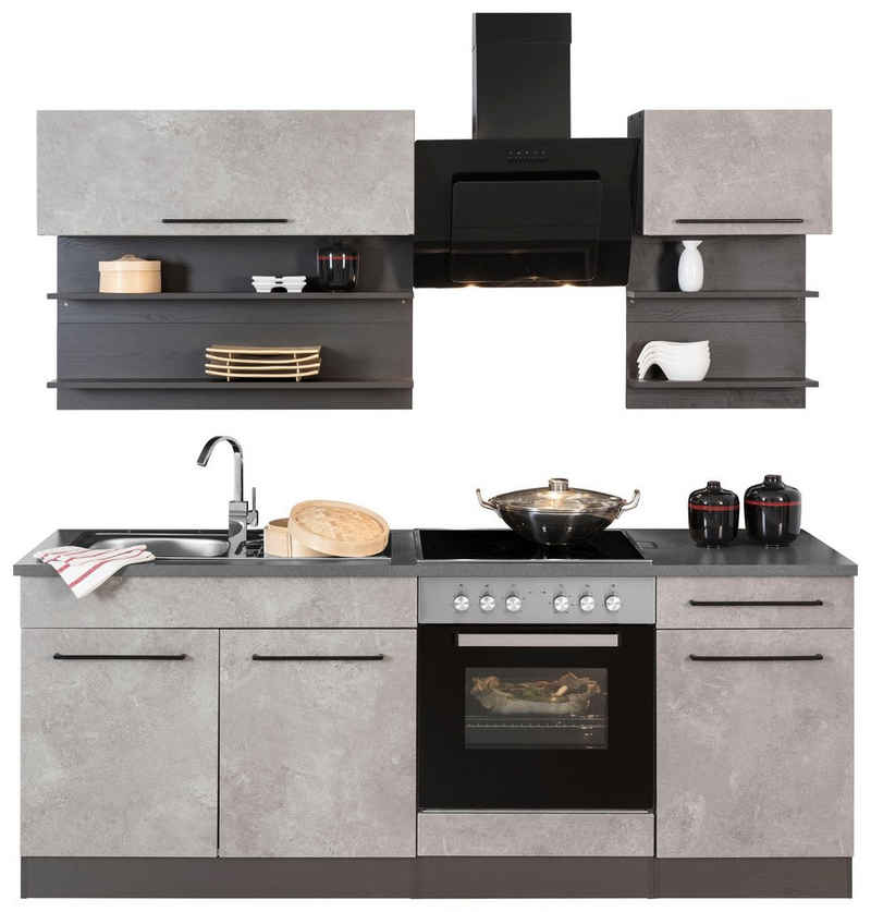 HELD MÖBEL Küchenzeile Tulsa, Breite 210 cm, schwarze Metallgriffe, hochwertige MDF Fronten