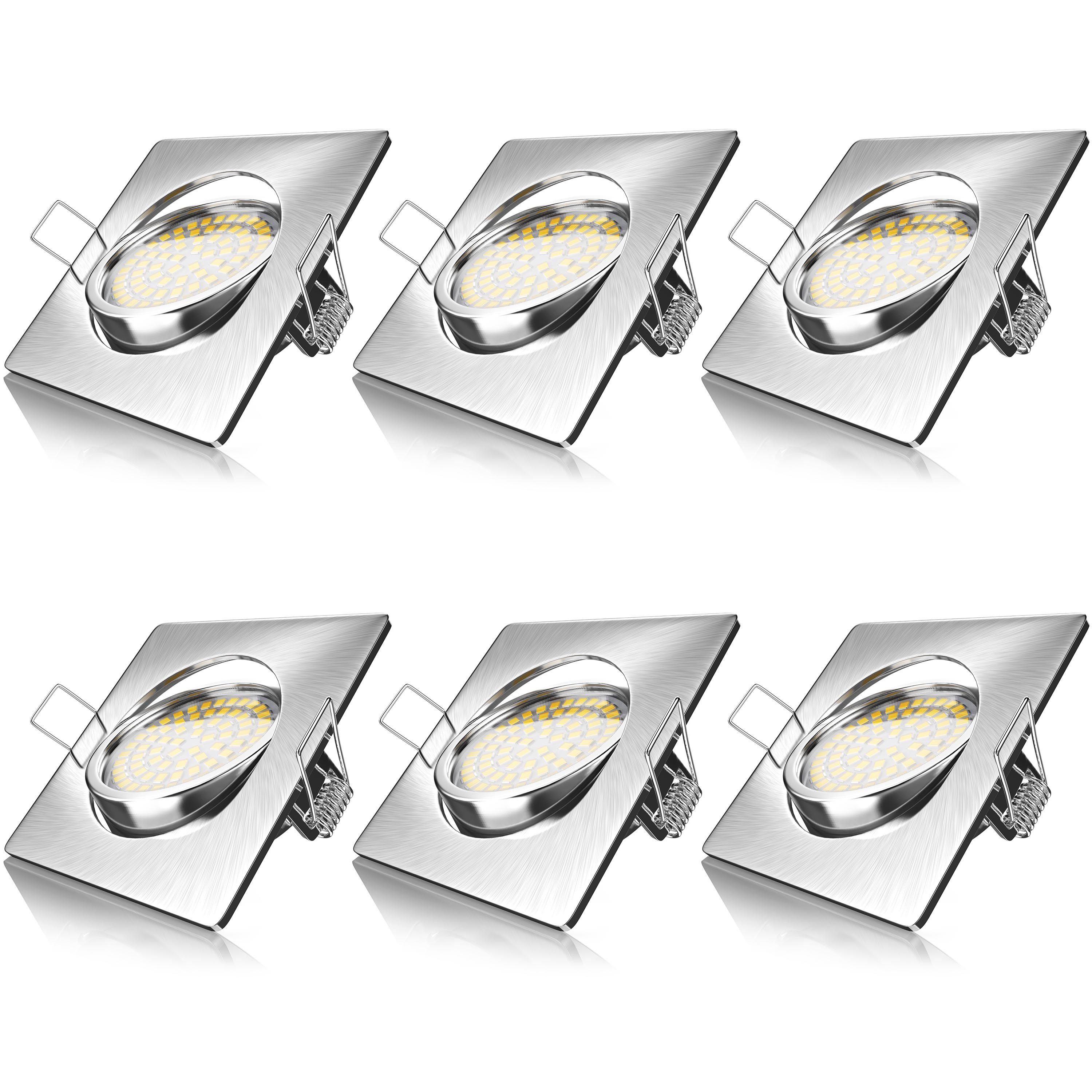 Brandson LED Einbaustrahler schwenkbarer Deckenspot, Edelstahl Optik, 320 Lumen, Warmweiß, 6er Set, Schwenkmechanismus (40° vertikal), LED fest verbaut, warmweiß, Ultra Flache Einbauleuchte, Slim Einbauspot, Deckenstrahler eckig