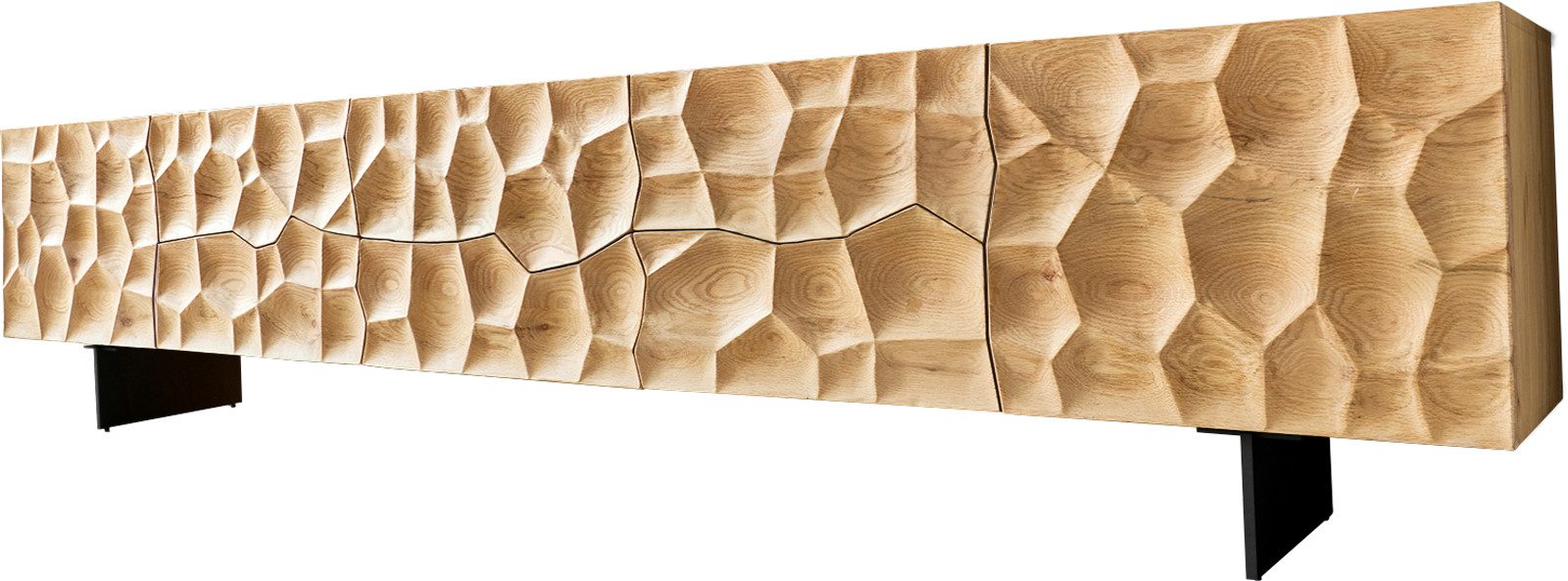 DELIFE Lowboard Solu, 260 cm Eiche Natur 2 Türen 6 Schübe Fuß schwebend Metall Schwarz