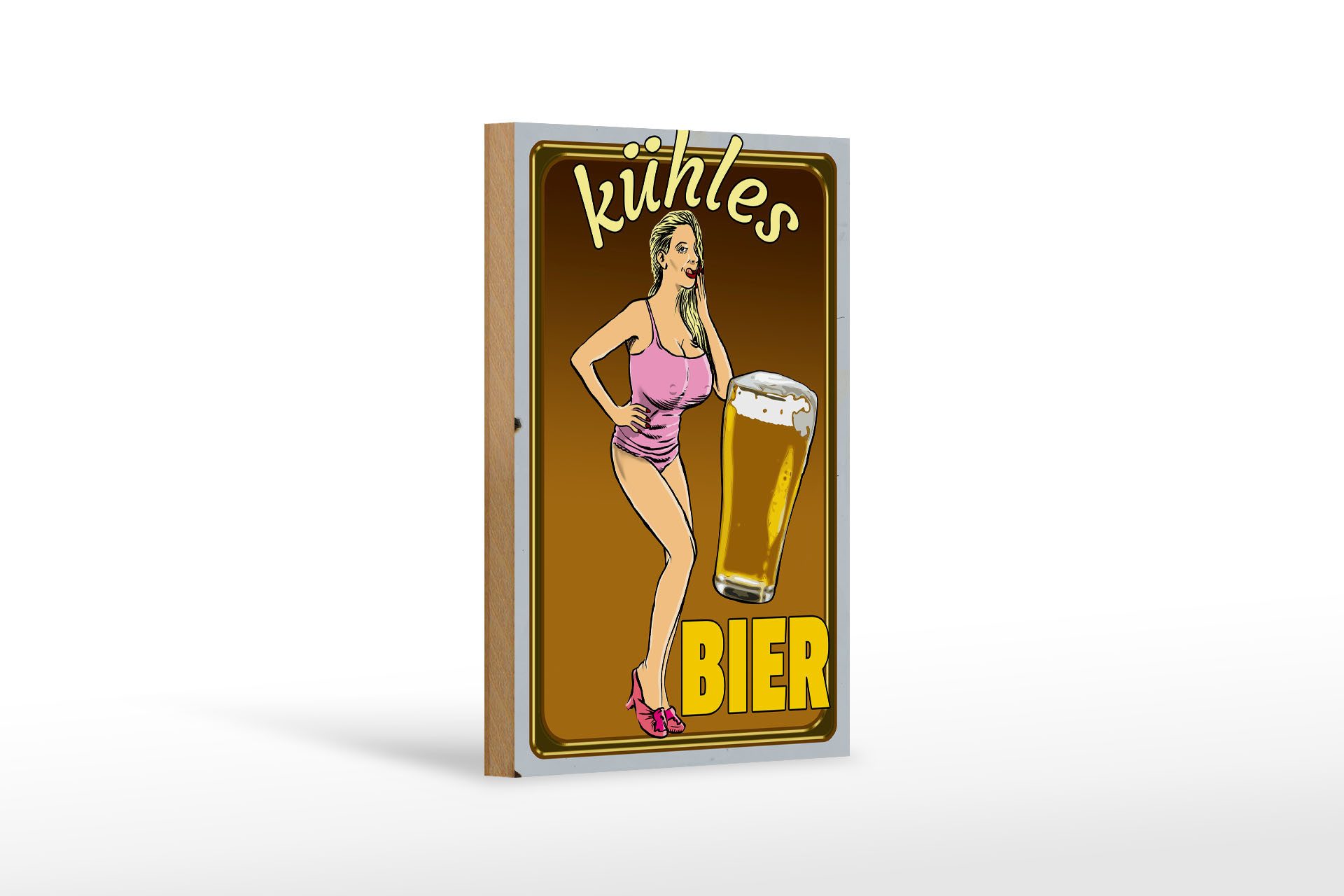 Holzbild Pinup 12x18 cm kühles Bier