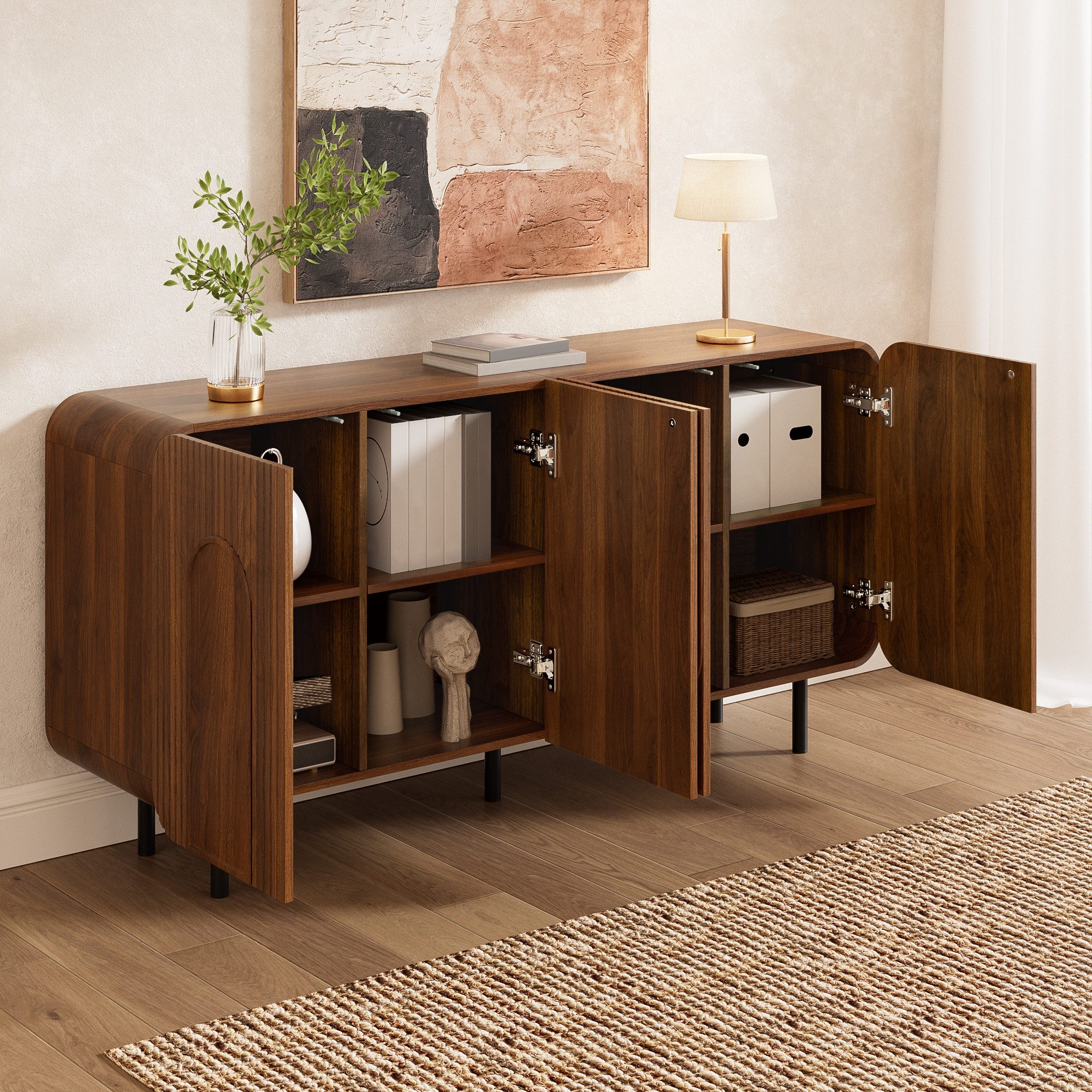 MODFU Sideboard Mid-Century, Nussbaum-Optik, 4 Türen, 8 Fächer 160x79x40 cm (Packung, 1 St., Verstellbare Einlegeböden, geometrische Halbkreisreliefs), Vertikale Rillen, abgerundete Ecken, Metallbeine
