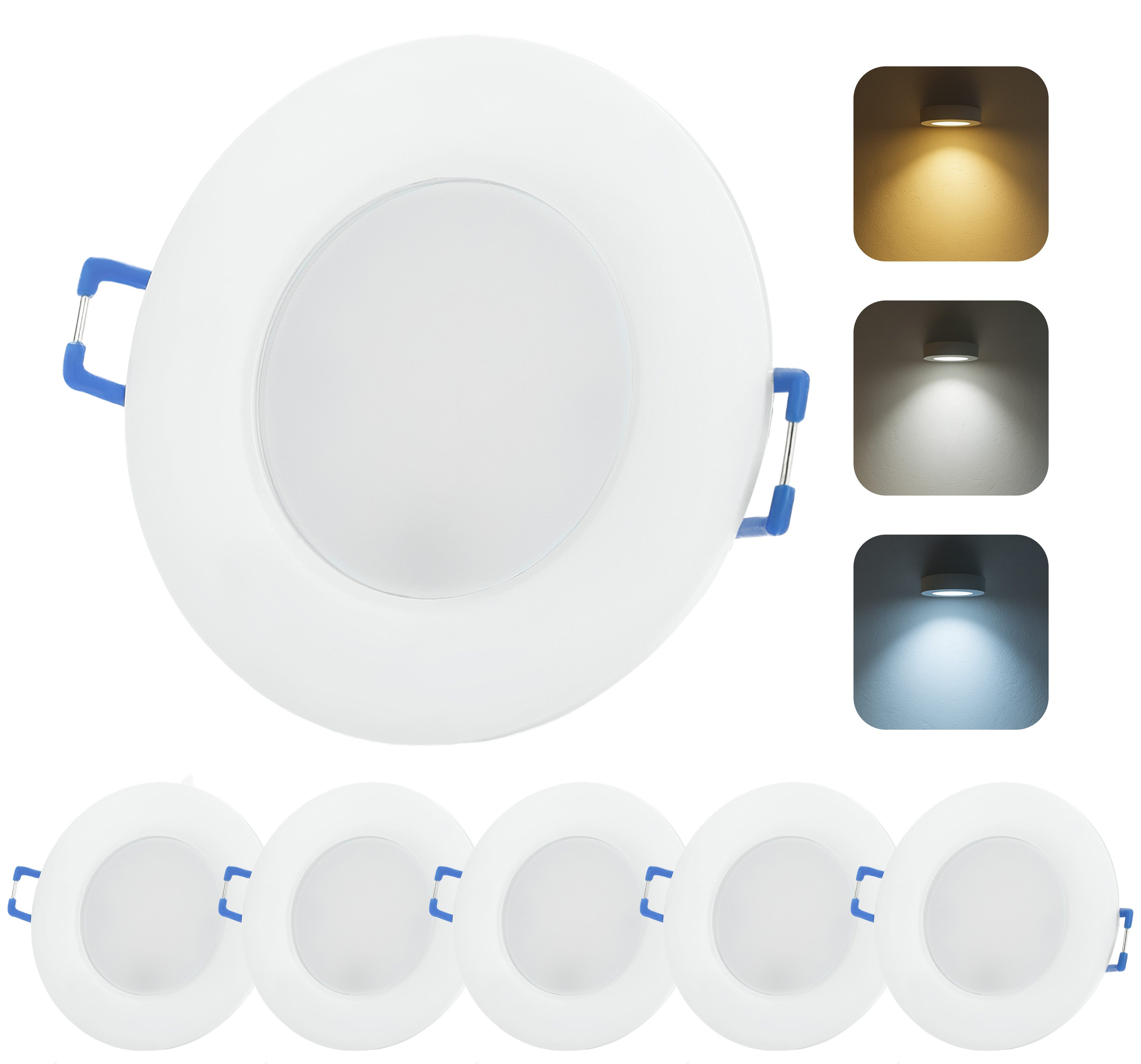 Sweet LED LED Einbaustrahler 5er Set IP44 CCT LED Deckenspots Bad (3in1) Flach 230V 6.5W weiß, Deckenspots, Deckenstrahler,Einbauleuchten