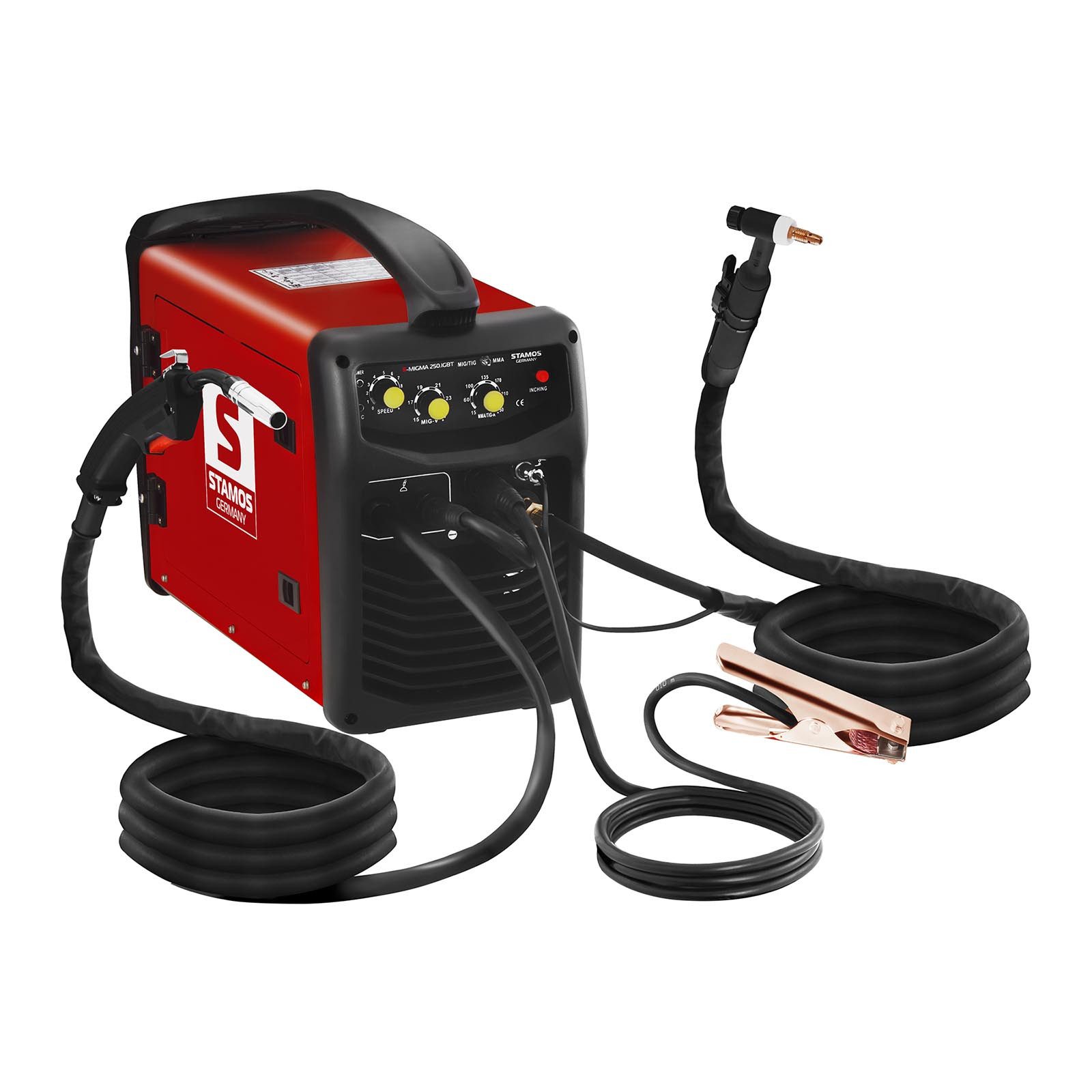 Stamos Welding Group Elektroschweißgerät Schweißgerät Kombi 4in1 250A MIG MAG MMA WIG FCAW E Hand IGBT Inverter