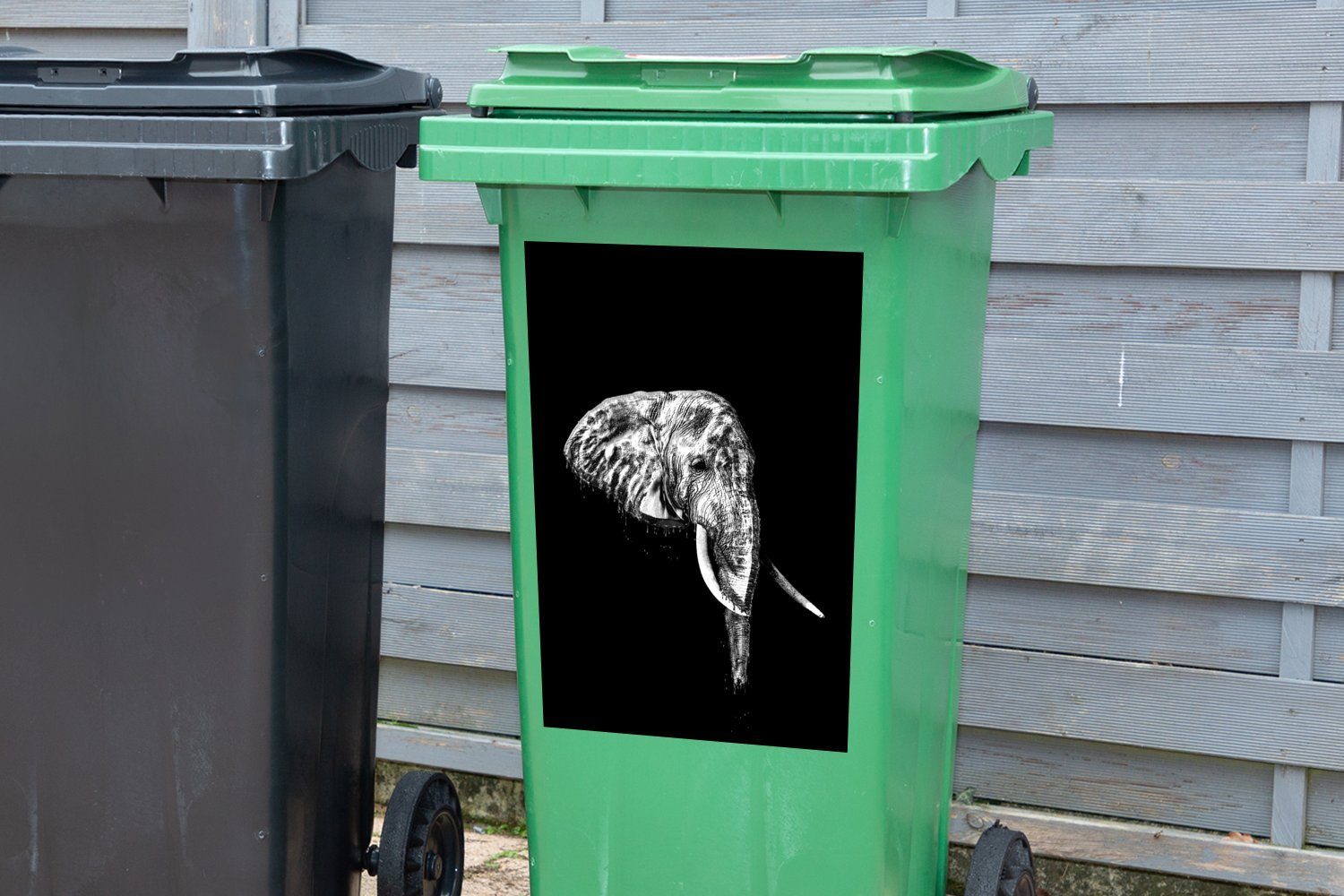 und Illustration Elefant MuchoWow (1 Sticker, - schwarzem Mülleimer-aufkleber, Hintergrund weiß vor Wandsticker schwarz Abfalbehälter St), Container, Mülltonne,