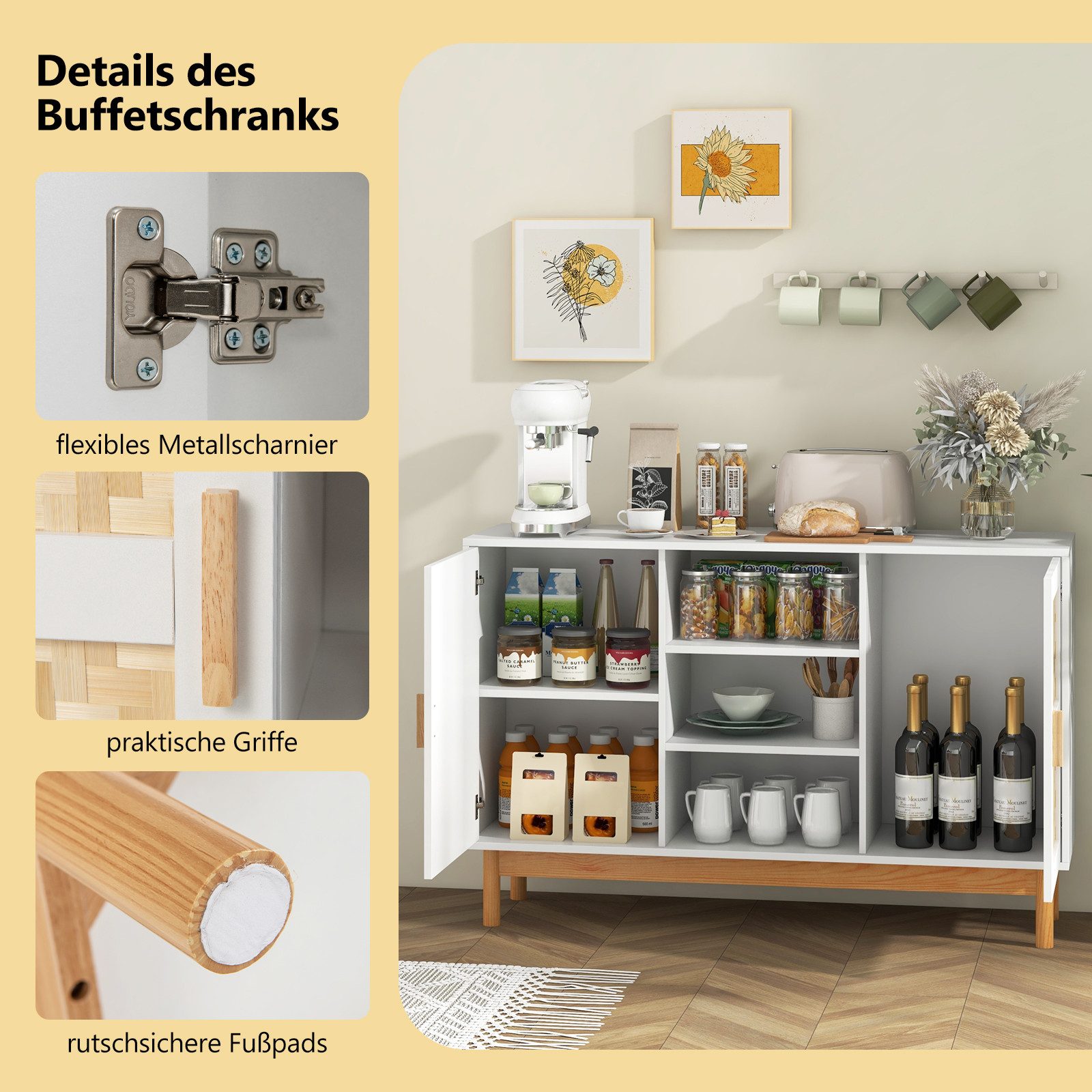KOMFOTTEU Küchenbuffet Küchekommode Küchenschrank mit Massivholzfüßen günstig online kaufen