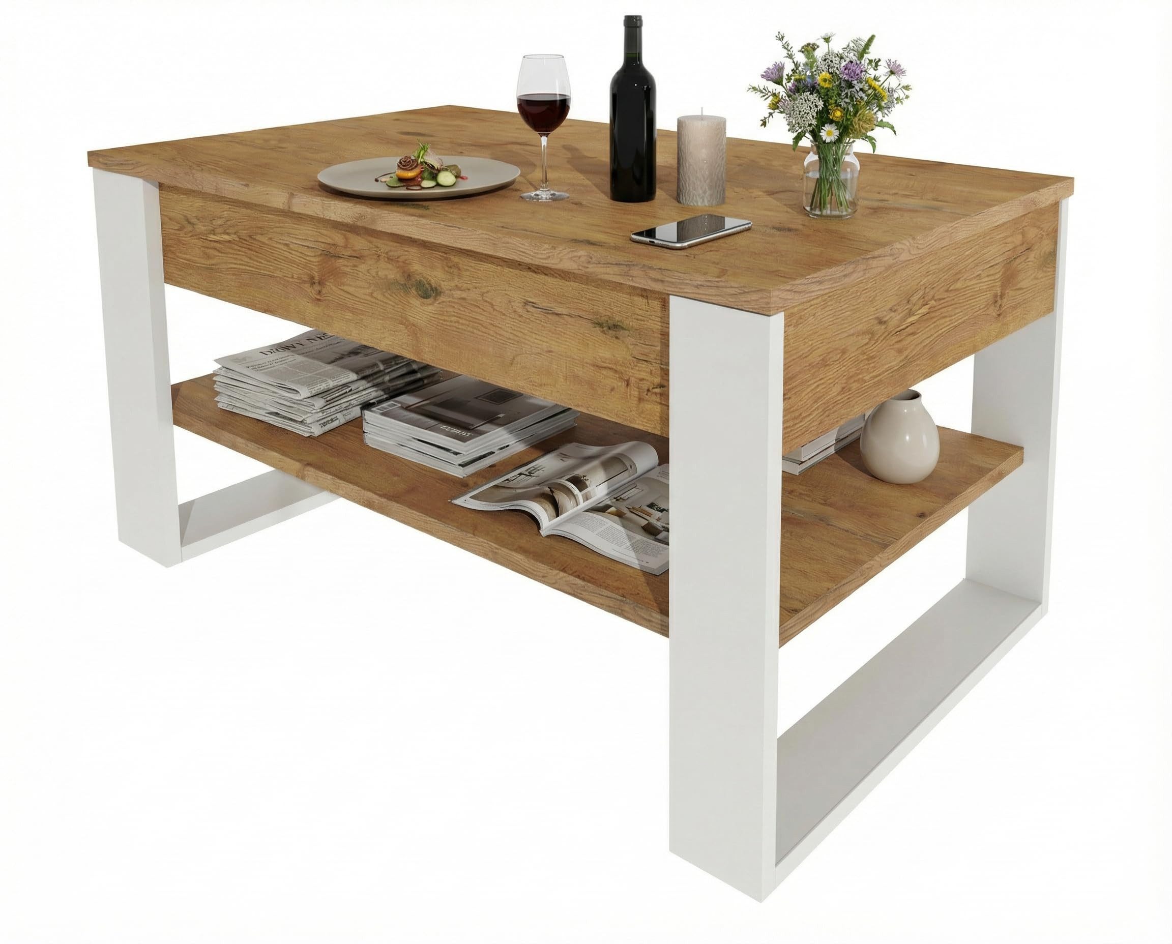 TREND WERK Couchtisch Lift-Couchtisch höhenverstellbar Sofatisch 92×54 cm mit Stauraum, verstecktem Fach Wohnzimmertisch Holz modern